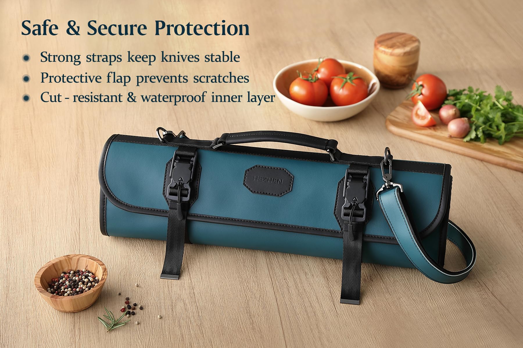 HEZHEN Bolsa para Cuchillos Profesional de Cuero(Sin Cuchillo)-Verde | Microfibra de Cuero,Correa Ajustable,9 Ranuras & 5 Bolsillos con Cremallera,Solapa Protectora-Viaje y Almacenaje