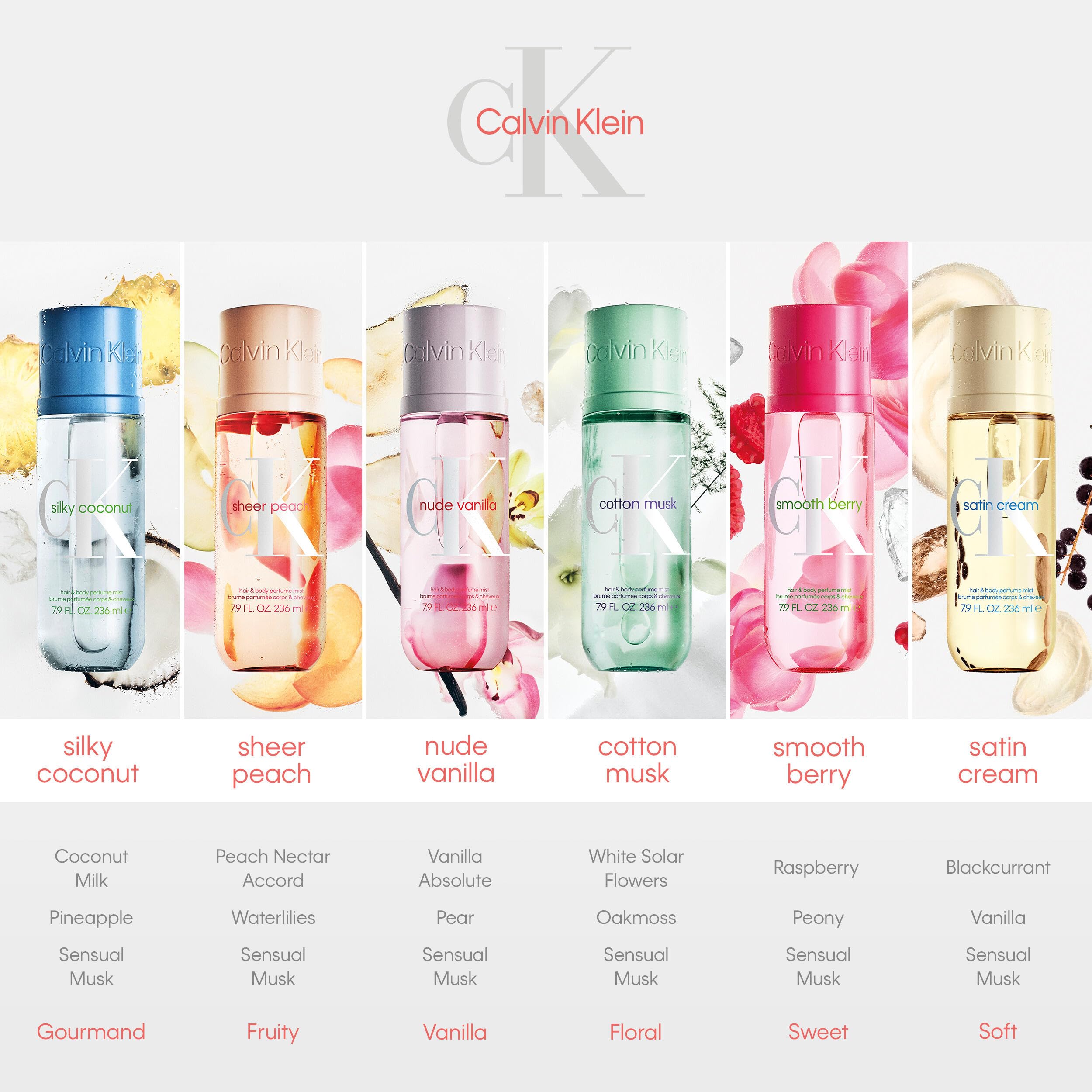 Calvin Klein perfumowana mgiełka do włosów i ciała, Satin Cream | Długotrwały efekt, właściwości nawilżające, bursztynowy zapach z nutami waniliowej bitej śmietany, piżma i czarnej porzeczki.
