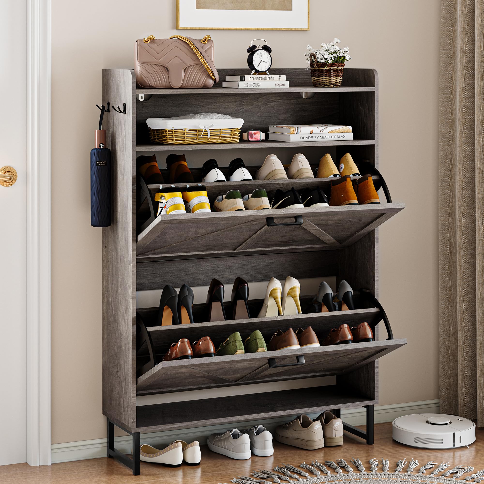 Wodeer Shoe Storage Cabinet with 2 Flip Drawers, Narrow Wood Shoe Cabinet Storage for Entryway with Metal Legs & Hooks, Adjustable Shelves,