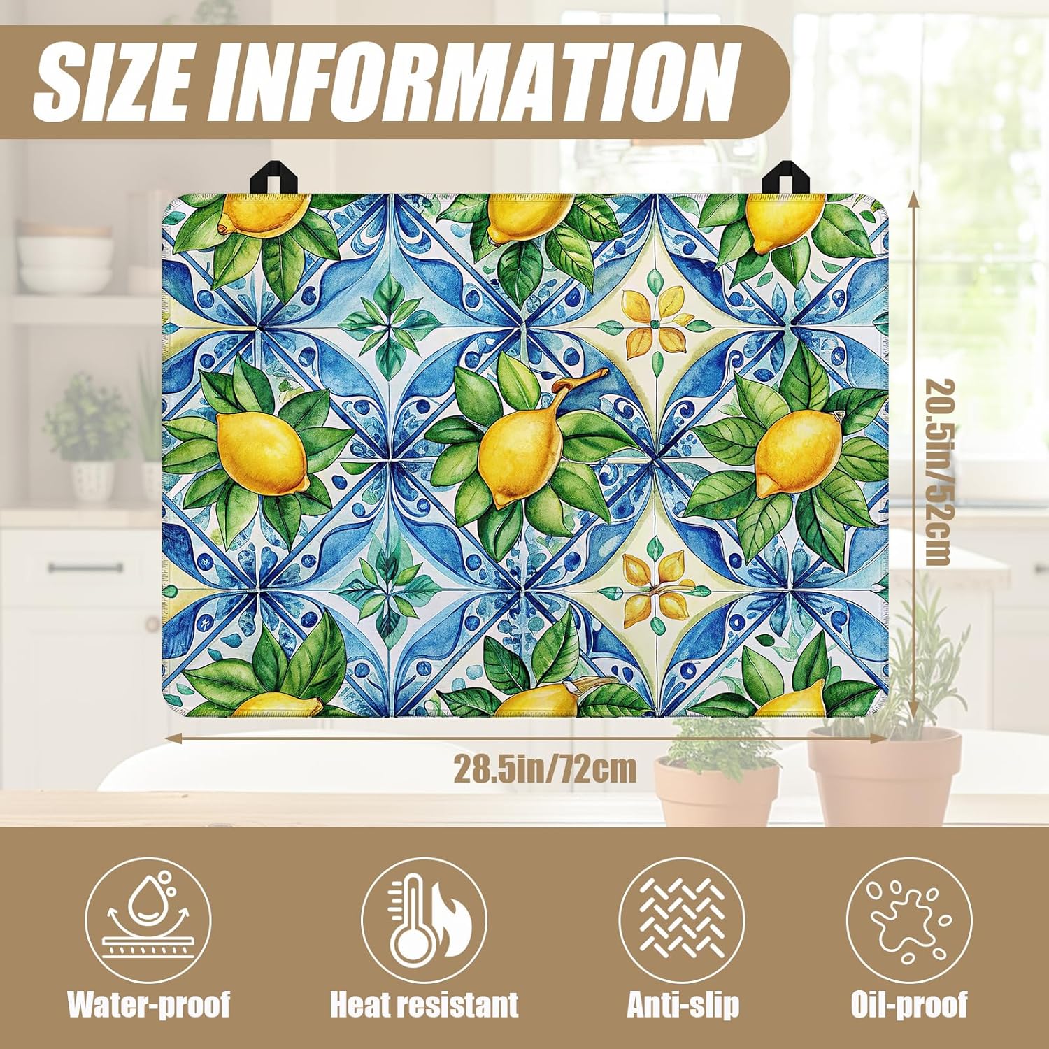 Watercolor Lemon Stove Top Covers for Electric Stove, Blue Tile Electric Gas Stove Pad Heat Resistant Range Cooktop Protector for Home Decor Kitchen 28"x20"