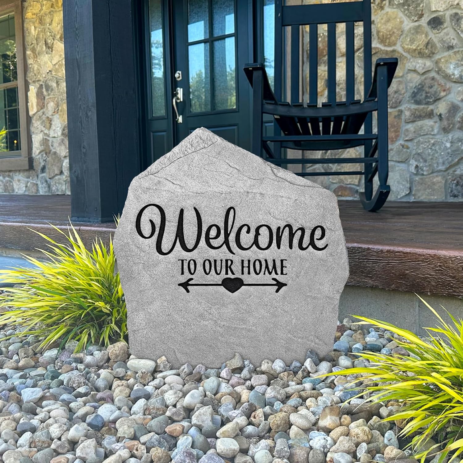 Welcome To Our Home Engraved Garden Rock - Landscape Rock - Greystone Color - 15” W x 15” H