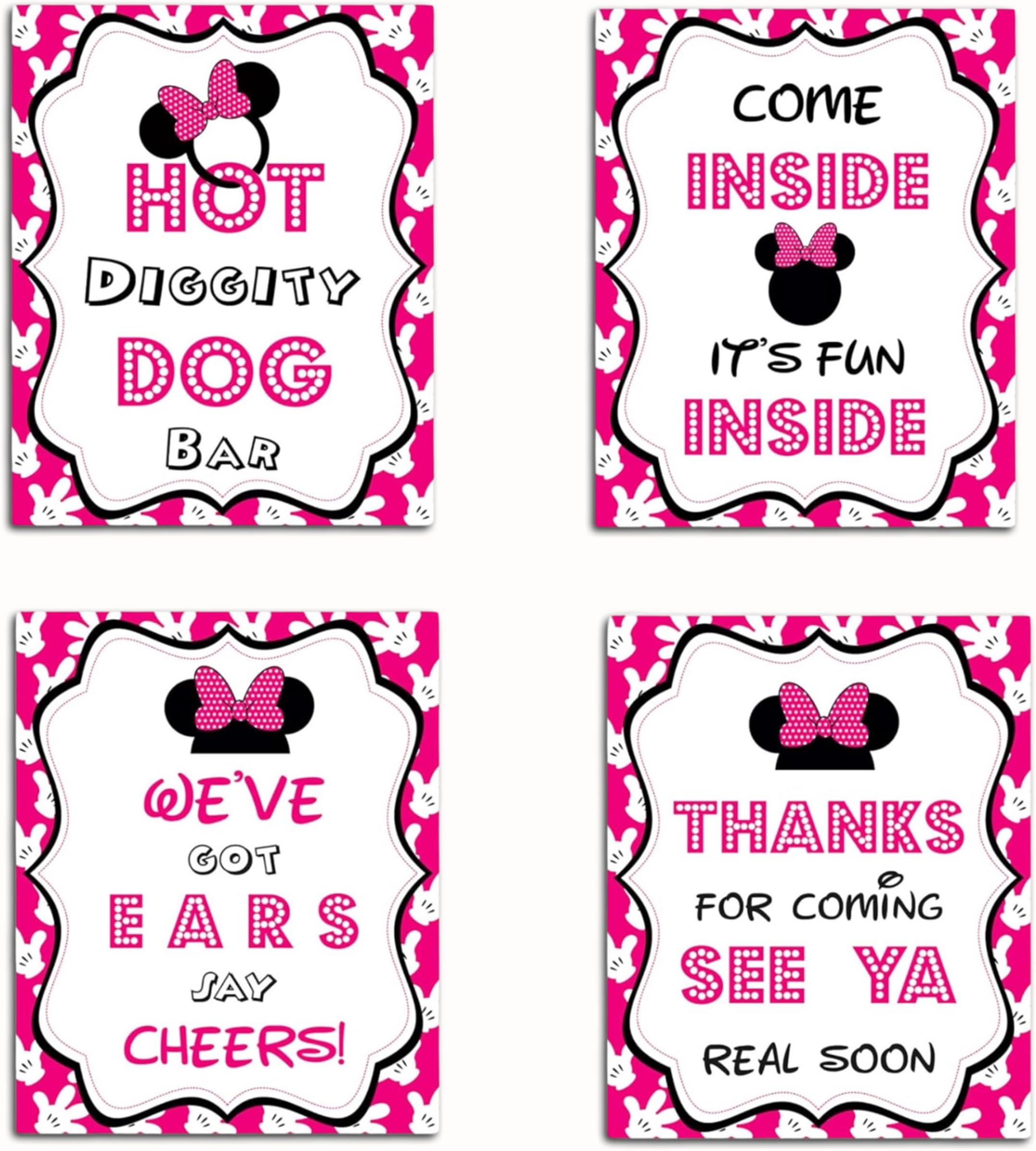 Minnie Birthday Signs - 8" x 10" Set of 4 Minnie Mouse Party Signs - Minnie Mouse Food Signs - We Got Ears Say Cheers Sign - Hot Diggity Dog Bar Sign - Come Inside Its Fun Inside Sign Minnie Mouse