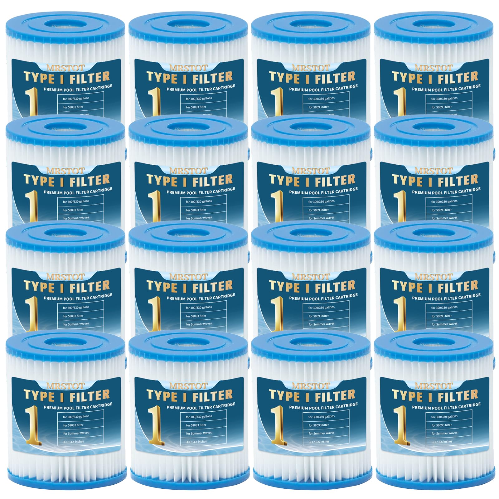 Lot de 16 cartouches filtrantes de type I pour piscines, cartouche de filtre de rechange pour 58093, pour vagues d'été, pour pompes filtrantes de 300/330 gal/h