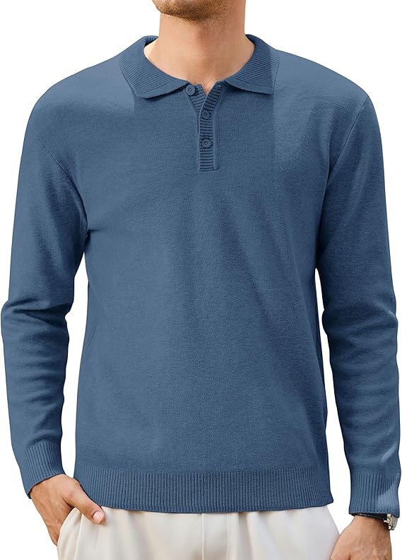 Cotrasen Mens Knit Polo Sweater Long Sleeve Polo Shirt Casual Lightweight Pullover Sweater with Collar