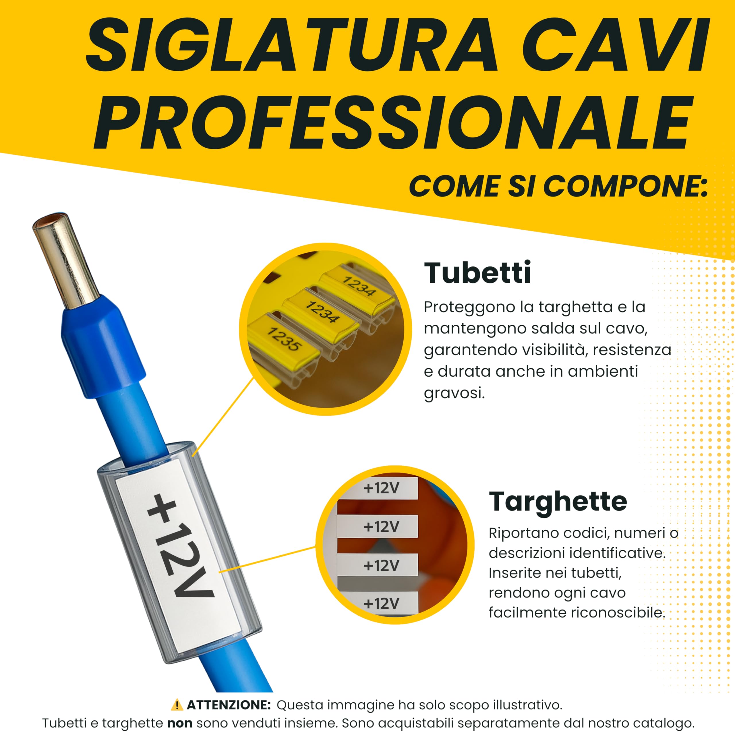25 Card Targhette Segnacavo 4x10 FLAT 2800 tessere • PVC 0,5 mm (112×25 schede) • Per Tubetti da 0,5 mm • Compatibile con cod. 42040B Cembre • Giallo • RIDOTTO