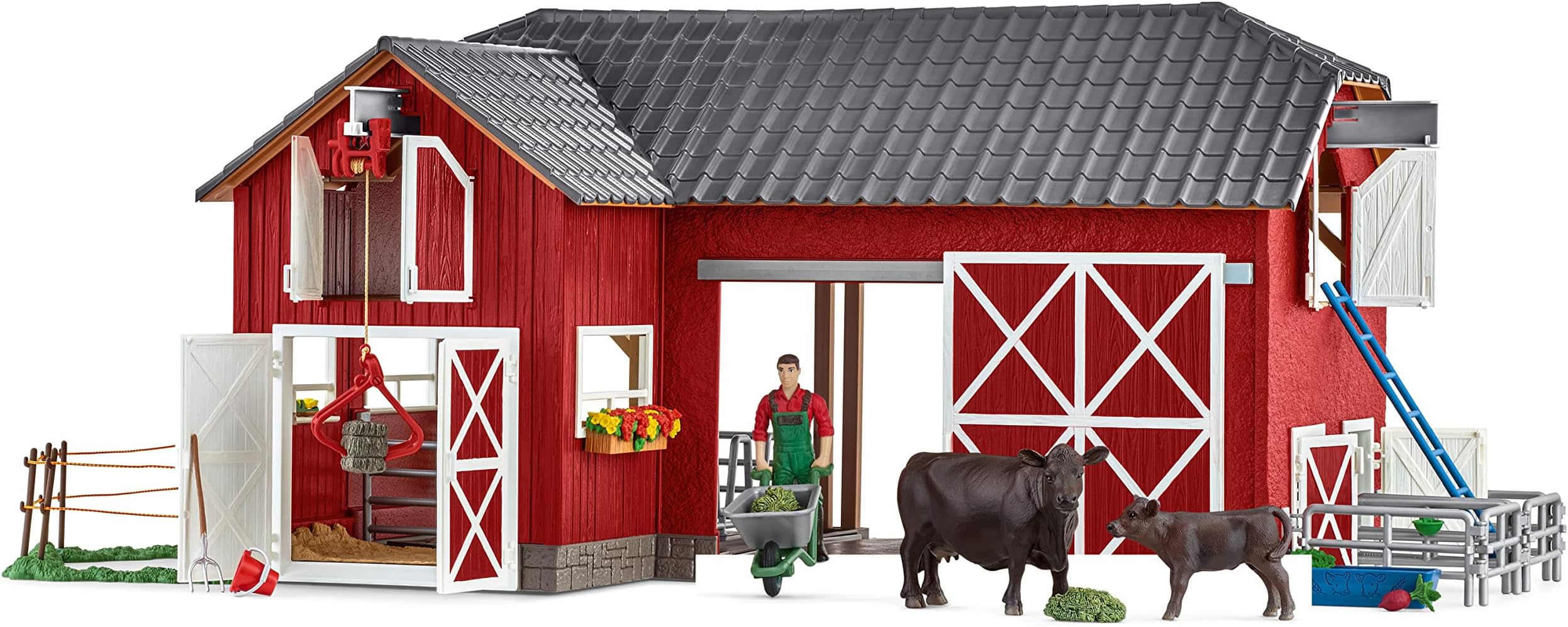 Schleich Farm Animal Toys and Playsets - Farm World Red Barn Set with Black Angus Cow Figurines, Farmer Action Figure and Farming Accessories