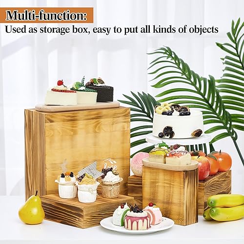 Miniatura 6 de Roowest Juego de 4 elevadores de madera grandes de 11.8 pulgadas, 10 pulgadas, 7.8 pulgadas, 6.3 pulgadas, soporte rústico para cupcakes, soportes