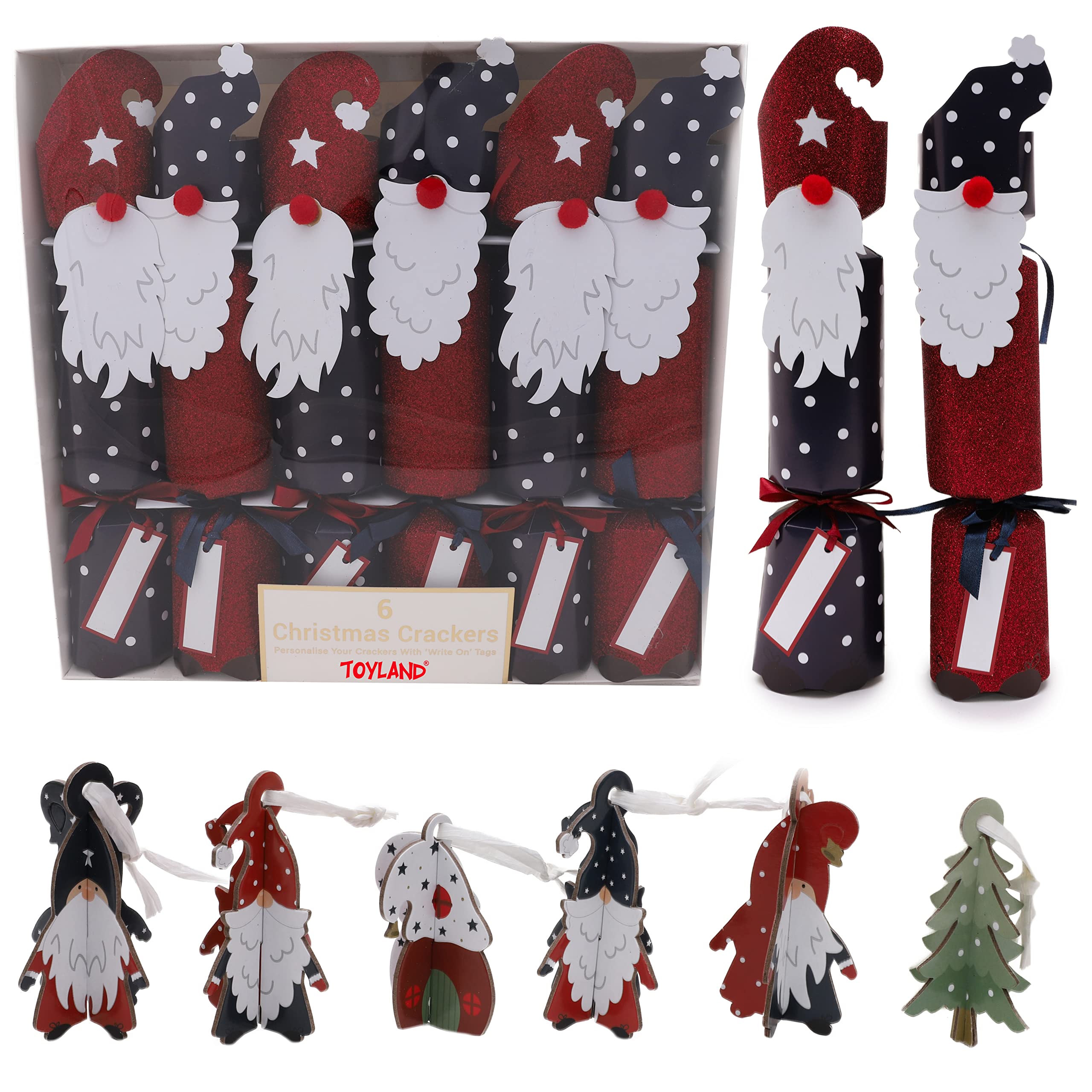 Toyland® 6 Glitter & Polka Dot Gonk Christmas Crackers With Write On Tags – Plastic, Hats, Mottos & Snaps Included