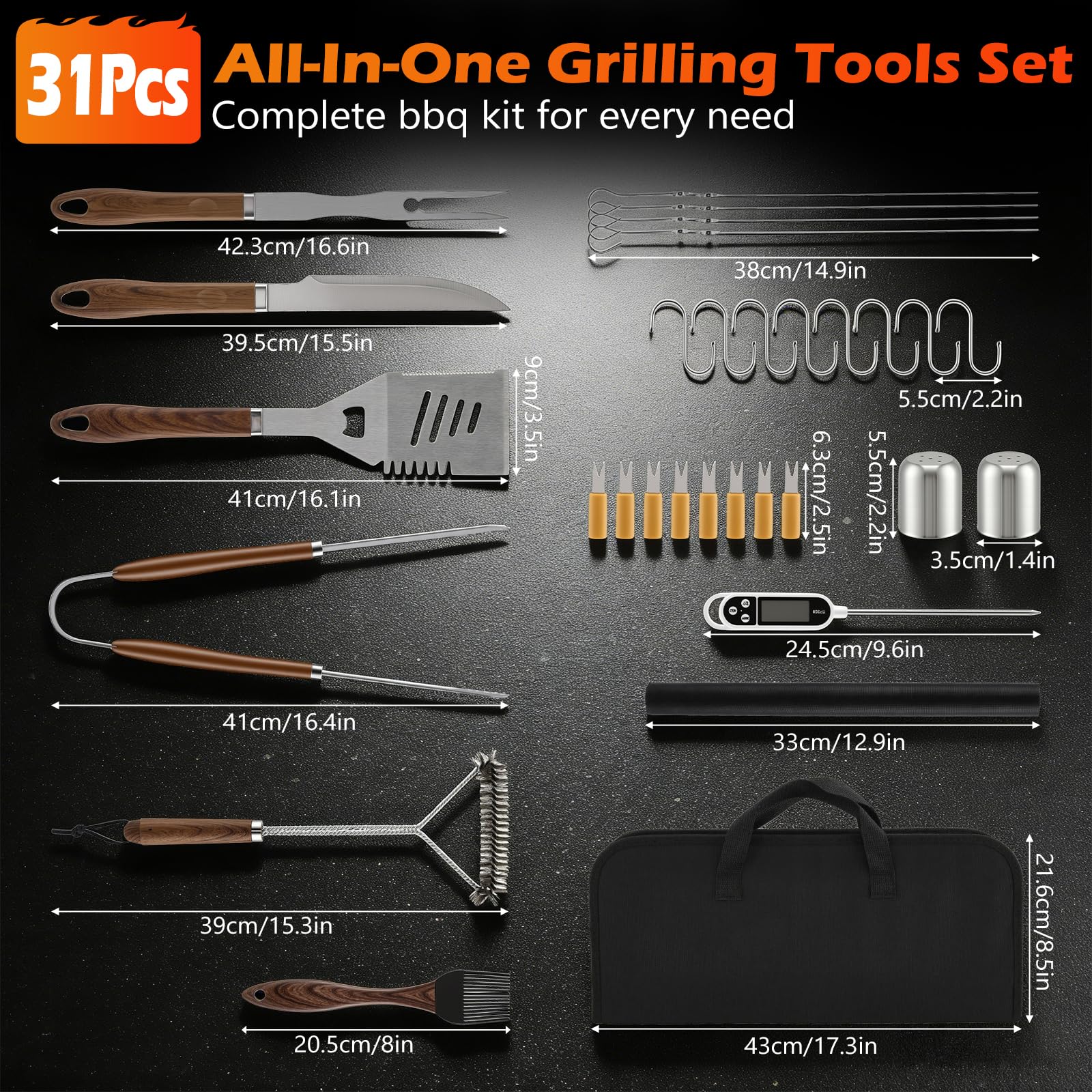 31Pcs Kit Barbecue Professionale, Set Barbecue Accessori in Acciaio Inox, Attrezzi BBQ Utensili Cucina con Spazzola per Barbecue e Termometro per Carne per Campeggio, Picnic e Barbecue all'Aperto