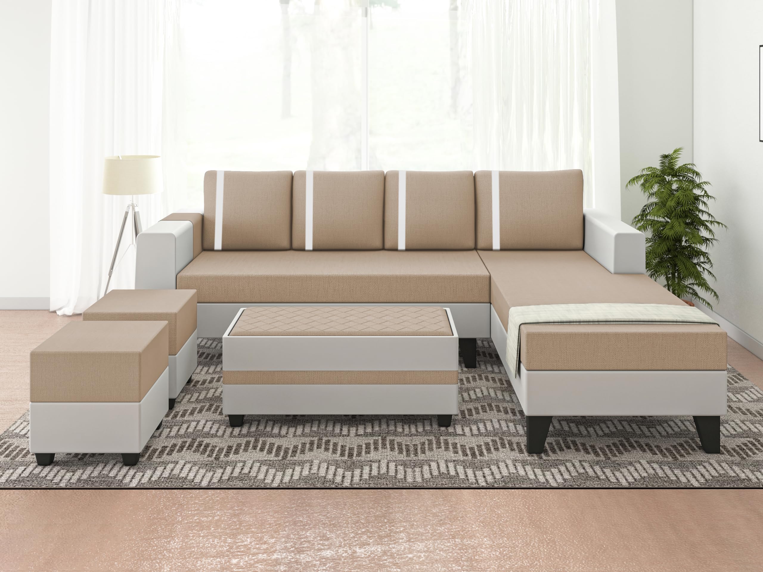Adorn India Ashley Stripes Leatherette Fabric L Shape 8 Seater Sofa Set with 2 Ottoman Puffy & Center Table RHS (Beige & White) (3 Year Warranty)-image-18
