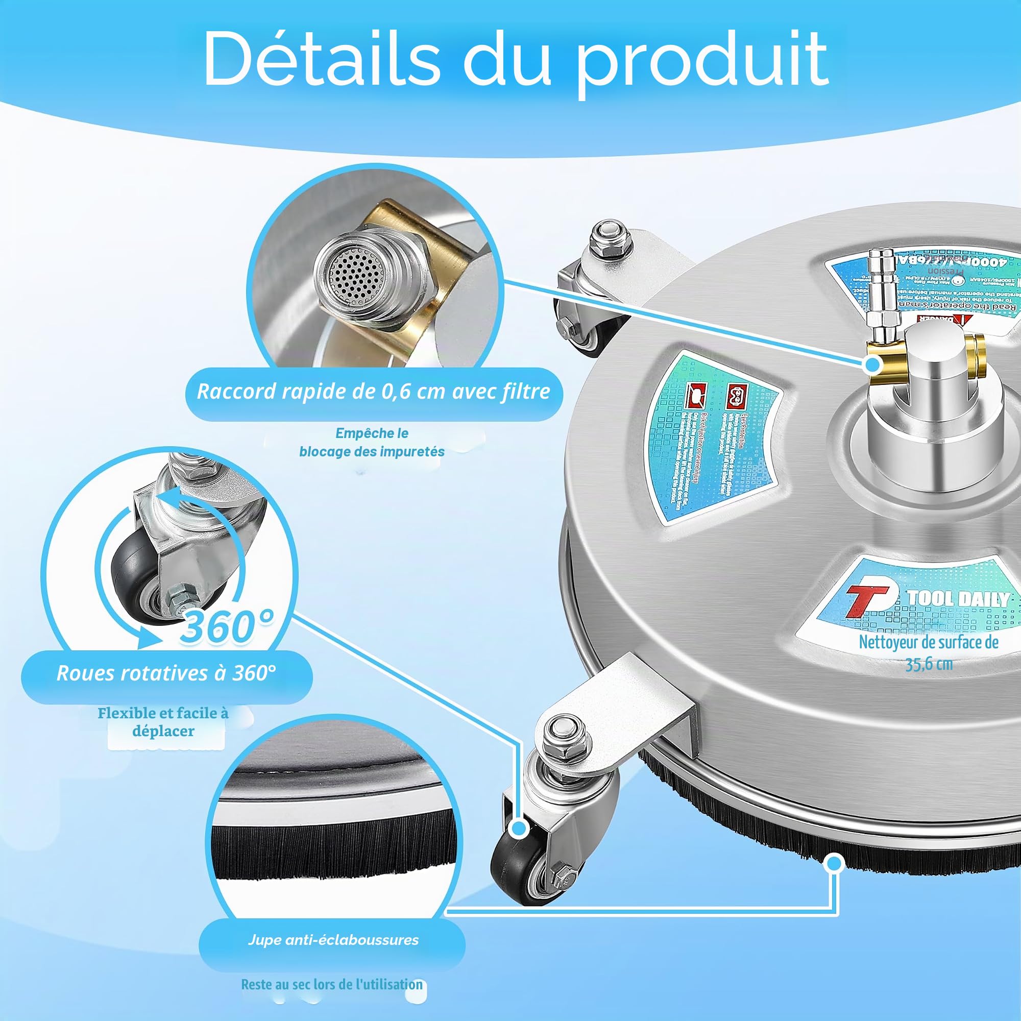 Tool Daily Nettoyeur de Surface pour Nettoyeur Haute Pression de 35,6 cm, Fixation en Acier Inoxydable avec 4 Roues, 2 Rallonges et 2 Buses de Rechange, 4000 PSI
