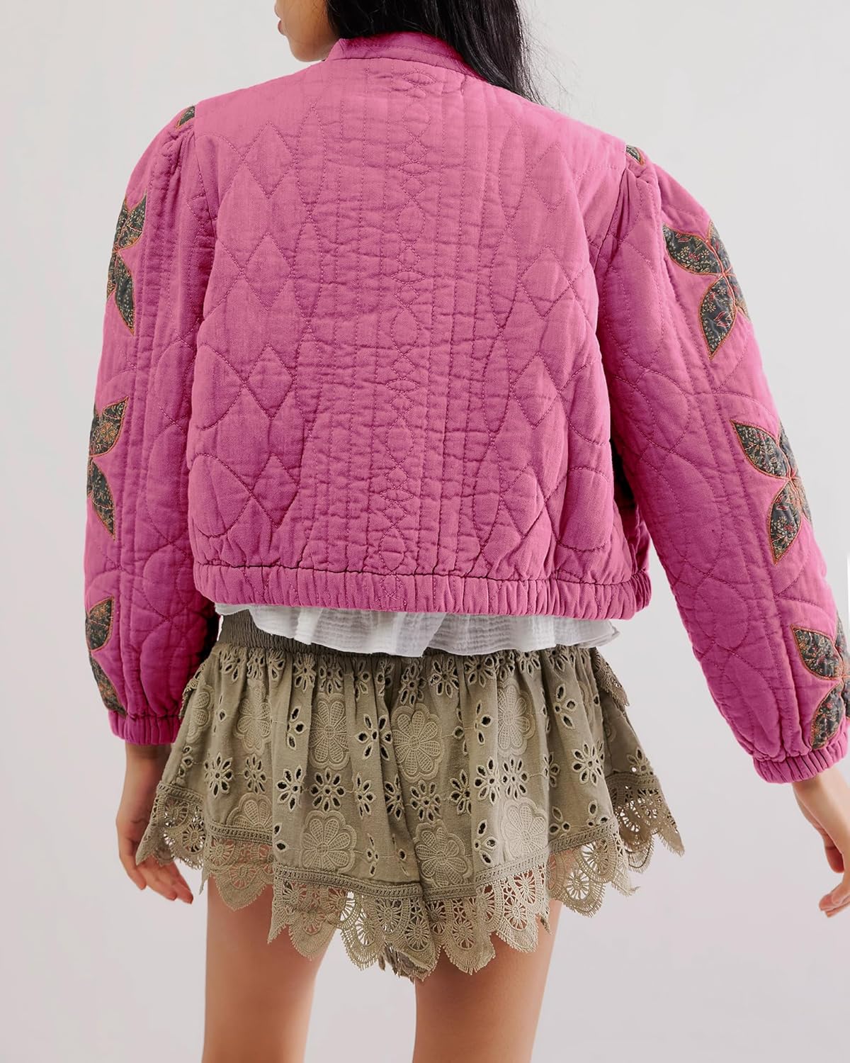 Gacaky Women's Lightweight Floral Embroidered Cropped Quilted Jacket Winter Warm Button Down Puffer Jacket Coat with Pockets - Image 3