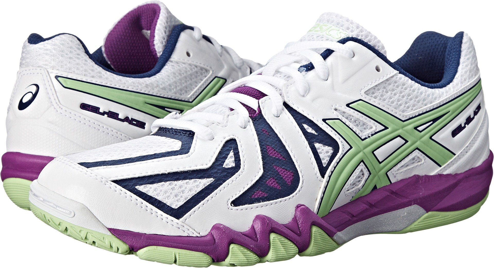 ASICS Women's Gel Blade 5 Indoor Court Shoe, White/Pistachio/Grape, 5 M US