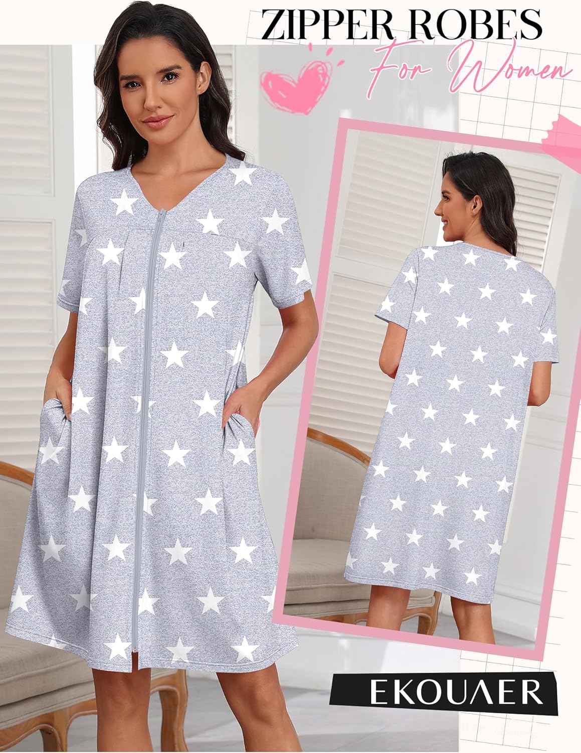 Ekouaer Zipper Robes for Women Short Knit Bathrobes Lightweight Knee Length Housecoat with Pockets Nightgown S-3XL - Image 2