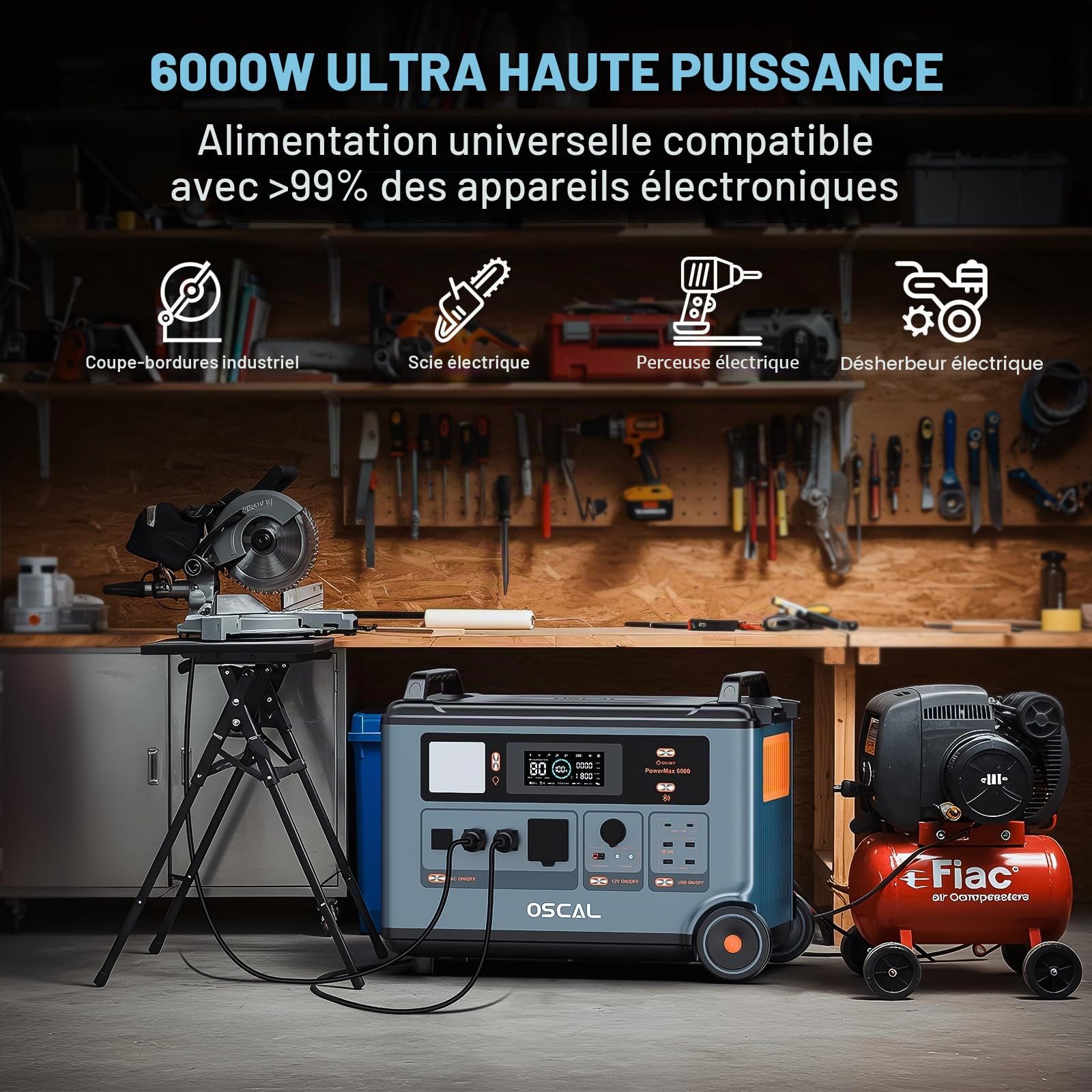 OSCAL PowerMax 6000 Station électrique portable 3600 Wh, extensible jusqu'à 57,6 kWh, prises CA 120 V/240 V, 6000 W (crête 7200 W), générateur solaire pour usage domestique