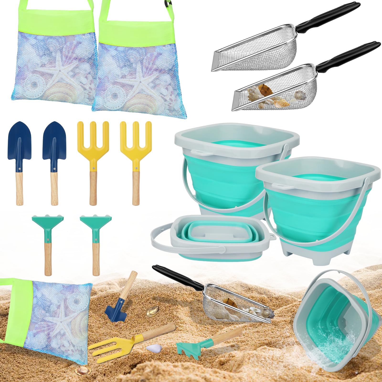 Mototo 12 Pack Beach Toys Set, Collapsible Beach Toys Included Foldable Bucket with Handle Sand Scooper Seashell Bag Mesh Shovel Hand Rake Fork Sand