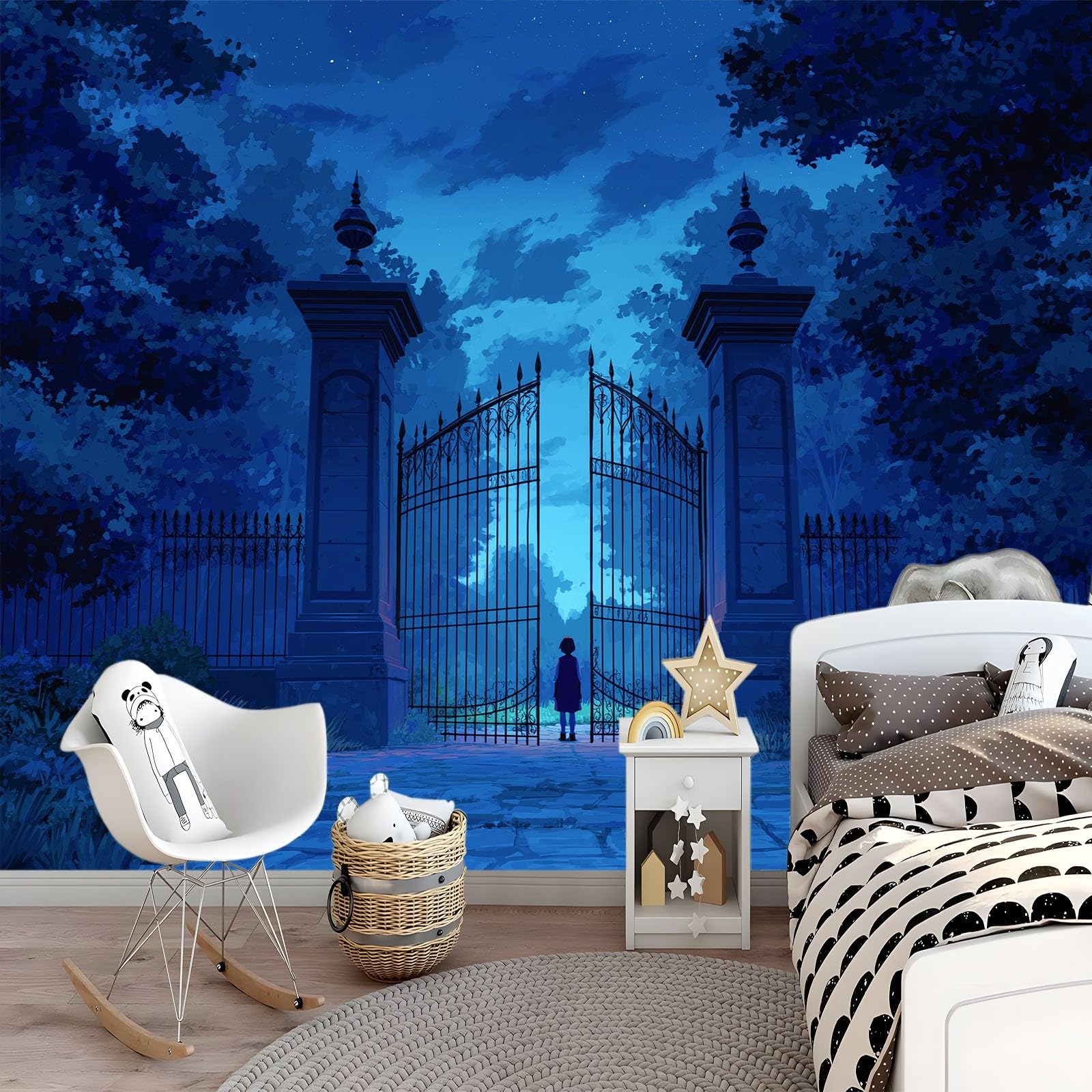 Générique Panoramiczna tapeta animacja las magia filar drzwi 200 x 140 cm wysokiej jakości gobelin ścienny z włókniny - dekoracja ścienna, do pokoju dziecięcego i biura niebieska