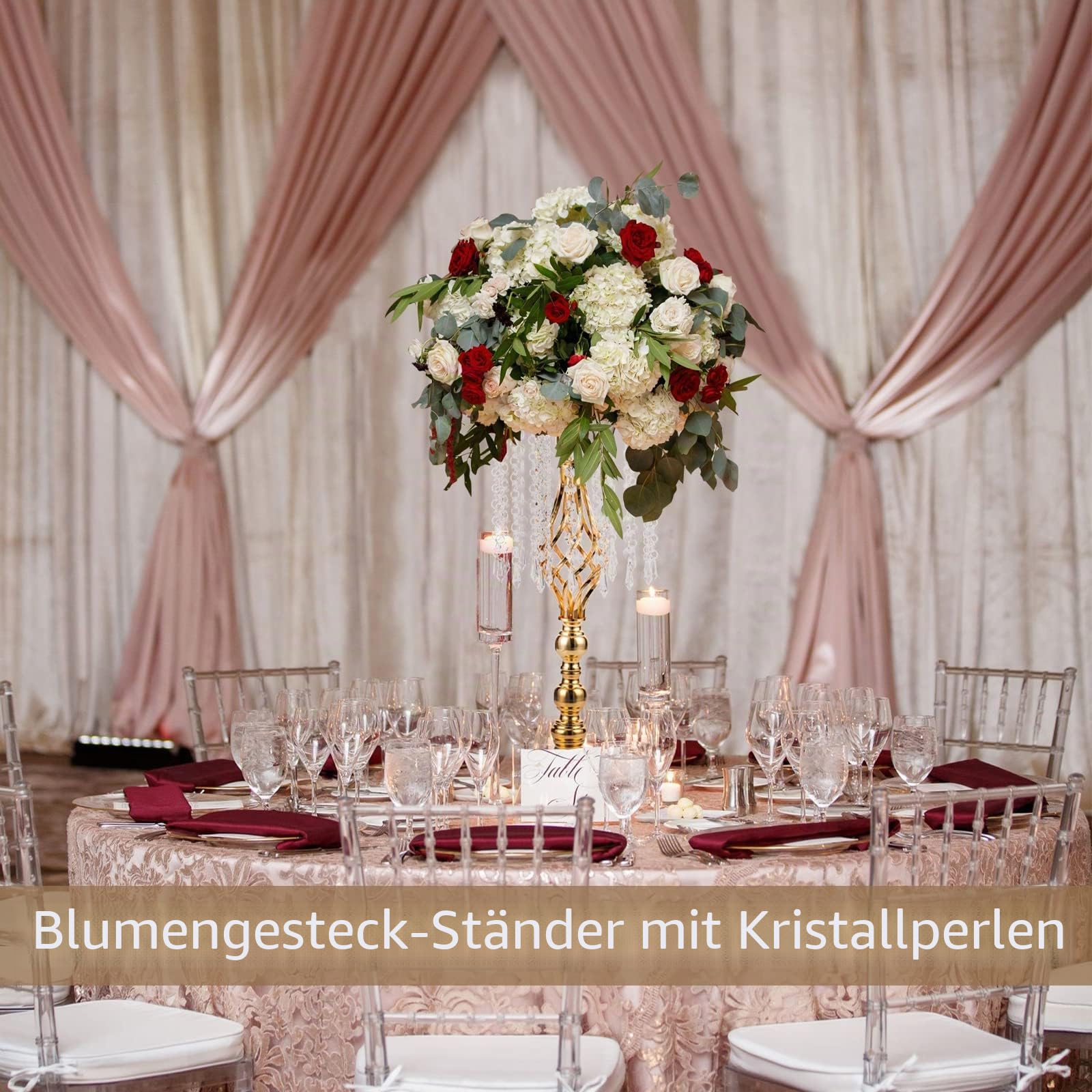 Sziqiqi 10 Stück Hochzeitsvase Für Tische, 55 cm Hohe Metall-goldvasen mit Kristallperlenkette für Hochzeit, Künstliche Blumenarrangements für Party Jubiläum Zeremonie Party Event Empfang