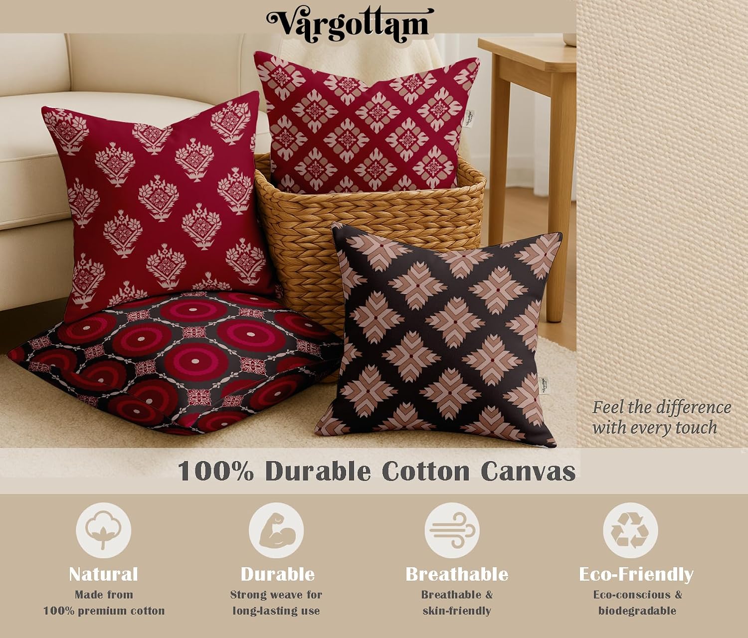 Set of 4 16x16 Inch Pillow Covers - 100% Cotton, Decorative Geometric Print, Double-Sided Print with Concealed Zipper - Filler Not Included - Crimson
