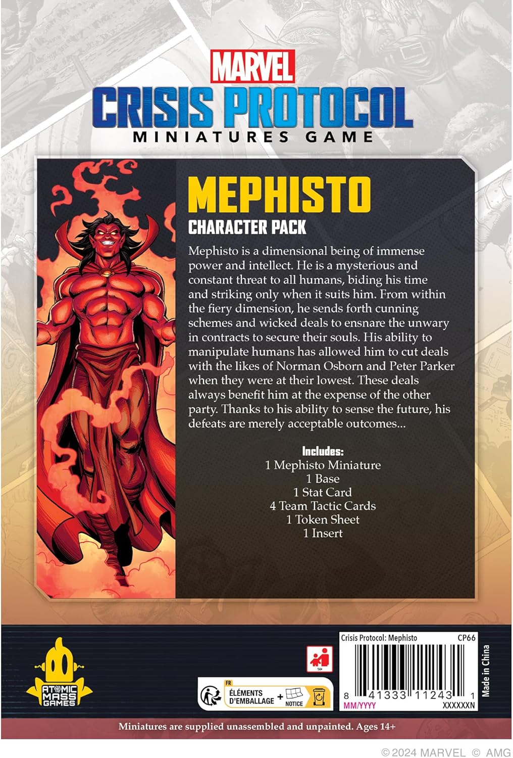 צוריק view of the Marvel Crisis Protocol Mephisto Character Pack box, detailing contents.