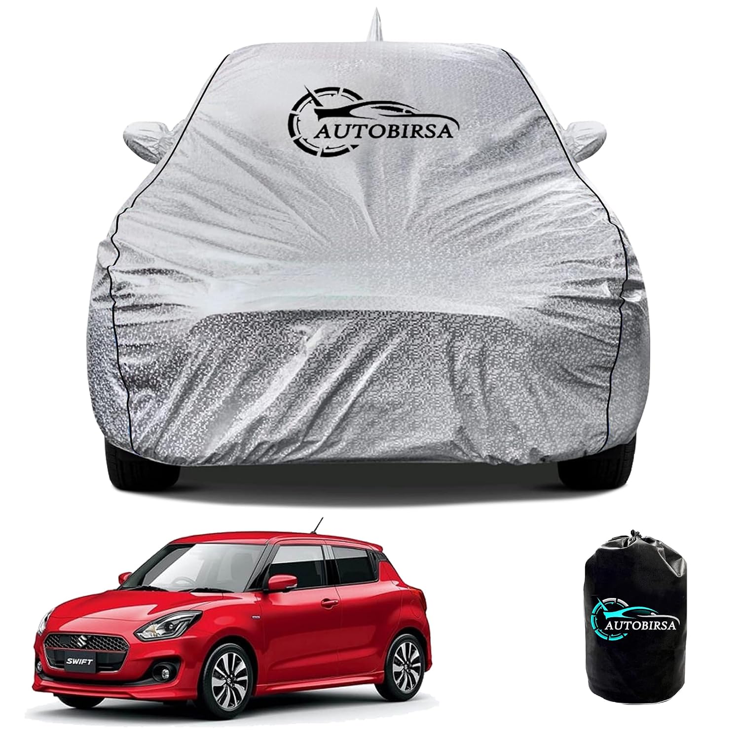 AUTOBIRSA Waterproof Car Body Cover for Maruti New Swift with Mirror and Antenna Pocket and Soft Cotton Lining (4 Side Ela...