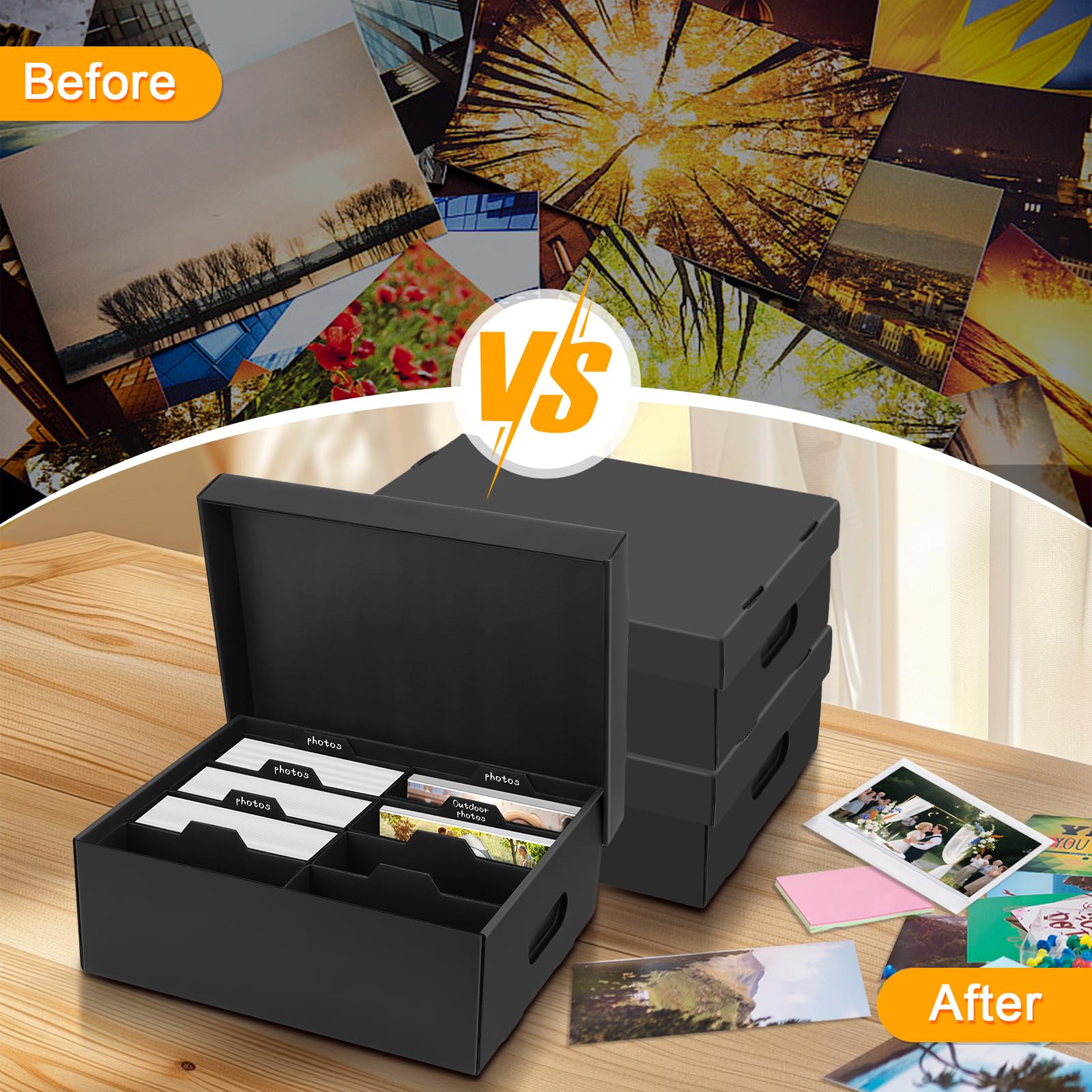 3 Stück Fotoaufbewahrungsbox, Fotobox Aufbewahrungsbox mit Deckel für 13x18 cm Fotos, Aufbewahrungsboxen schwarz Fotoalben Foto-Organizer aus Pappe für Handwerk Stempel Foto