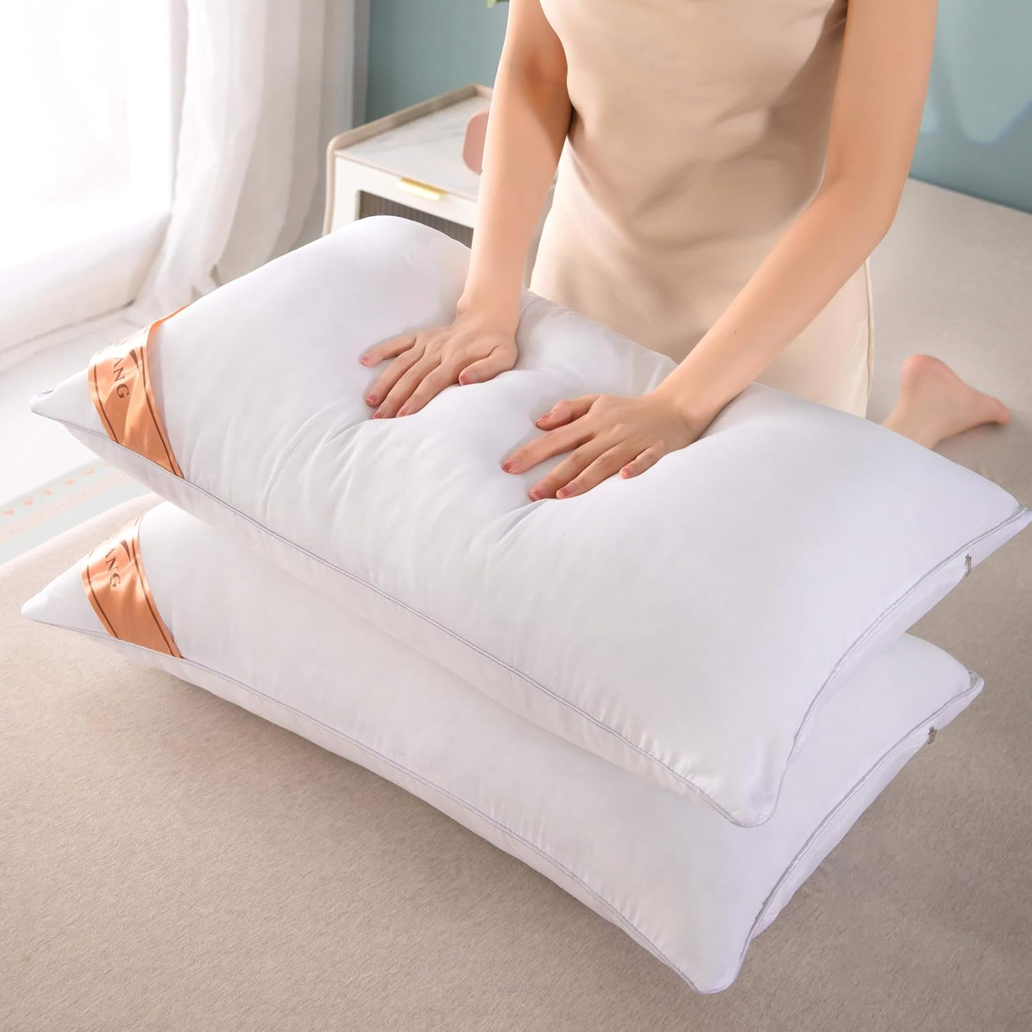 Set of 2 Luxury High Pillows White Rising High Pillow Pillows Pair Solid Color Soft Comfortable Bedroom Bed