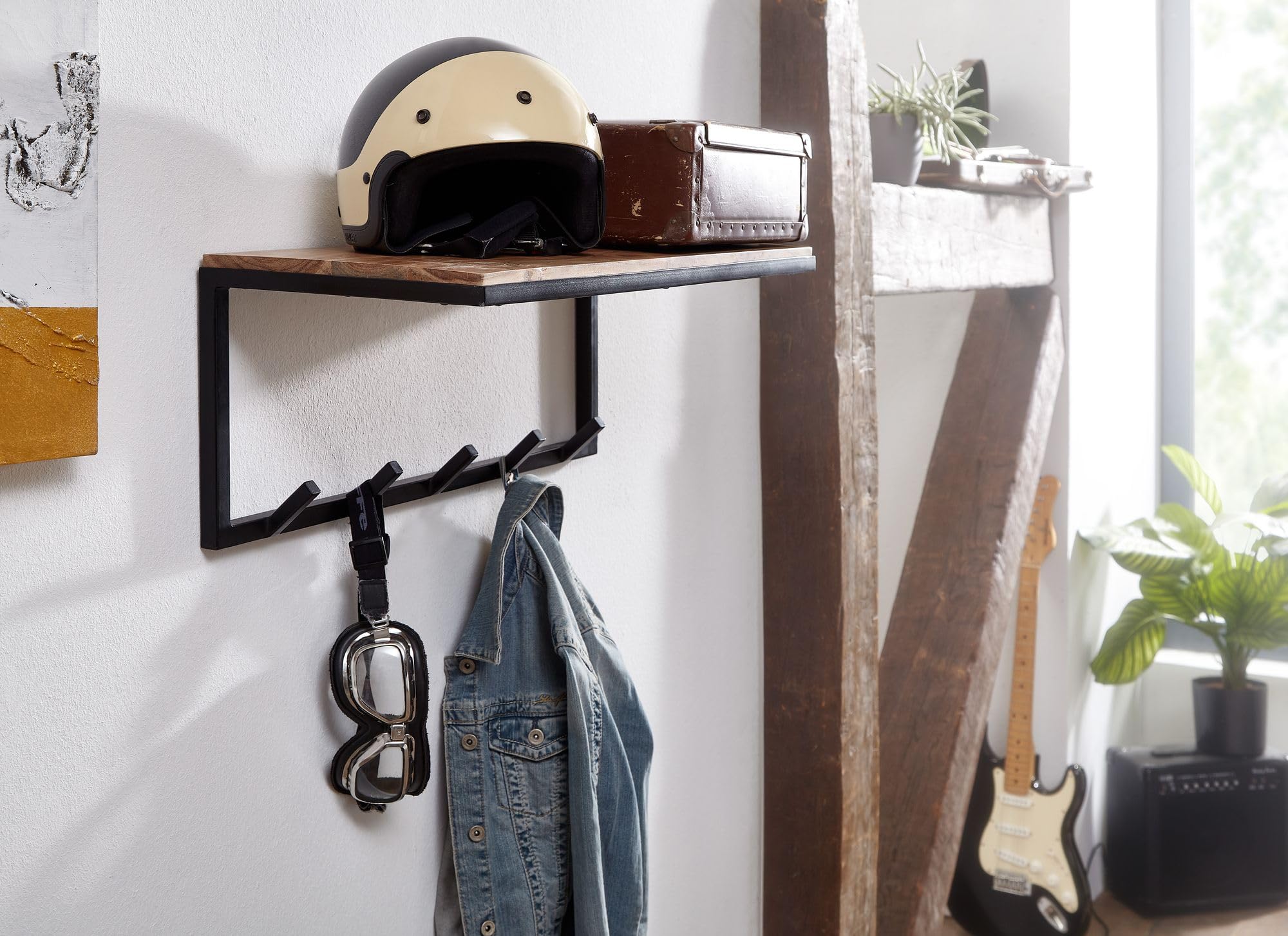 FineBuy Wieszak Ścienny 70x30x27 cm Akacja Masyw z Półką na Kapelusze | panel garderobiany industrialny z haczykami, półka na kapelusze i torby, listwa z haczykami z drewna z naturalną krawędzią