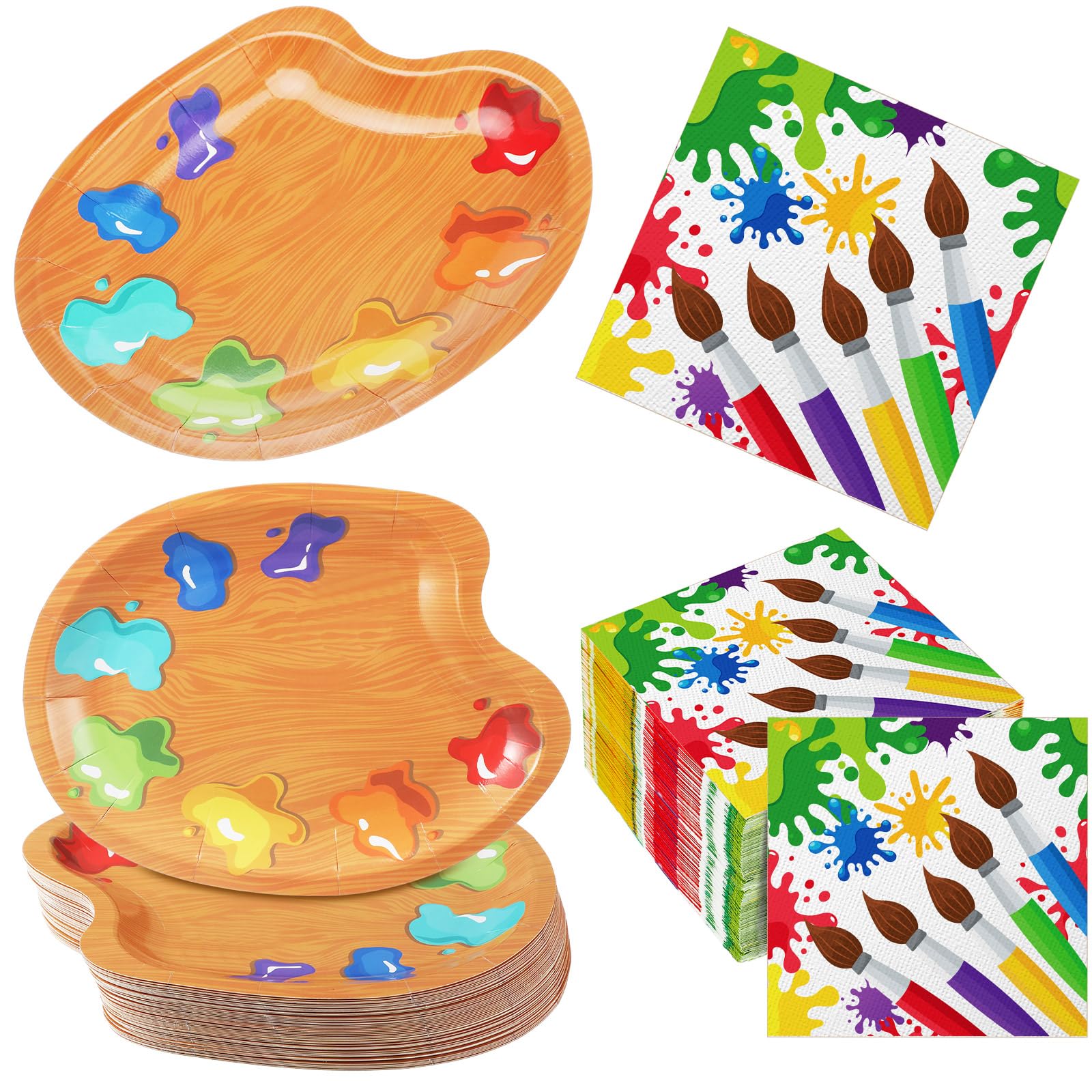 Poen 100 Pcs Art Birthday Party Supplies, Painting Party Tableware Decorations Colorful Artist Paint Splatter Paper Dessert Plates Art Plates and