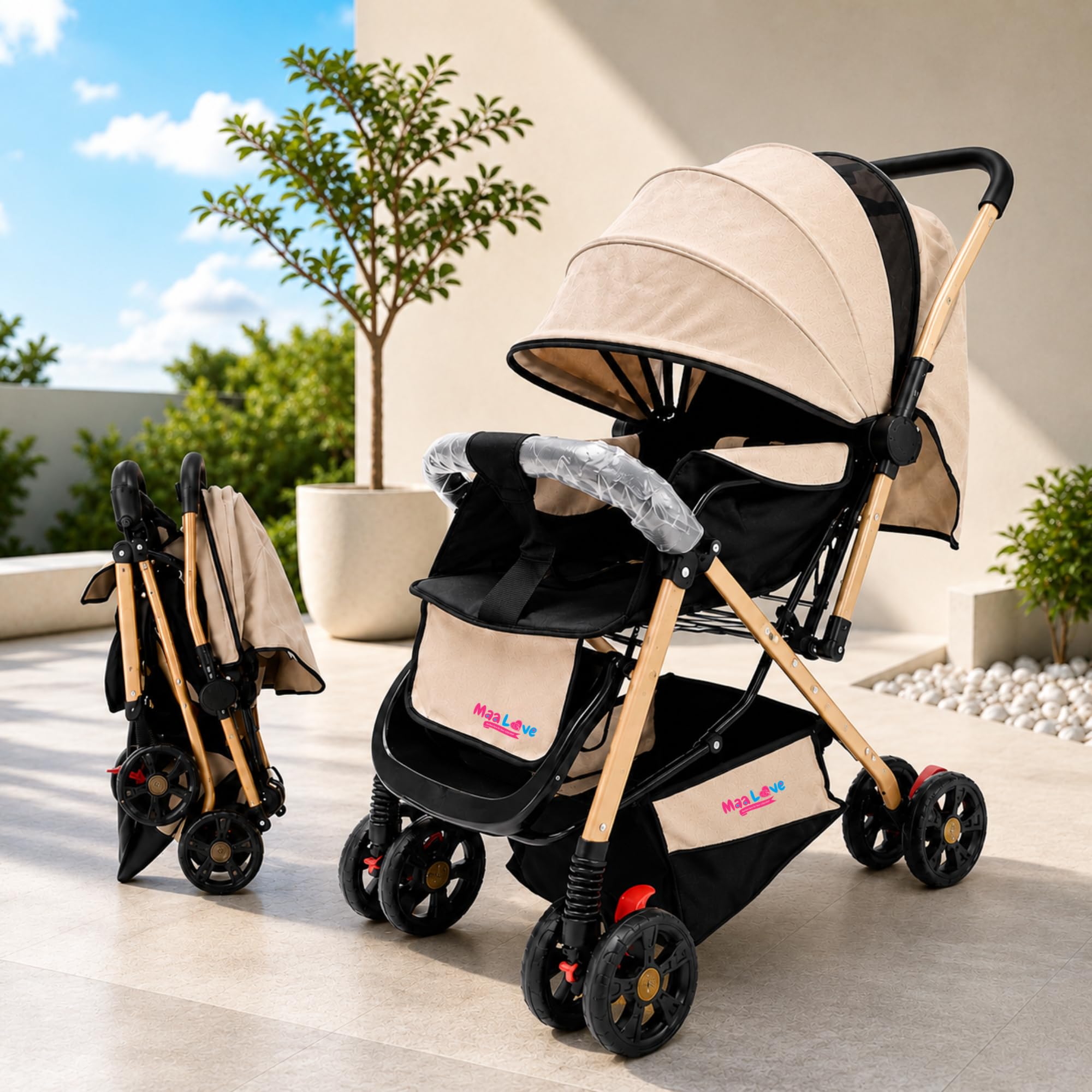 Maa Love Baby Stroller – Lightweight, Foldable & Reversible Handle Pram with 360° Rotation ,Adjustable backrest Girl & Boy With Multi -Level Adjustment Adjustable Canopy, Shock-Absorbing Wheels, and Storage Basket (Golden)-image-7