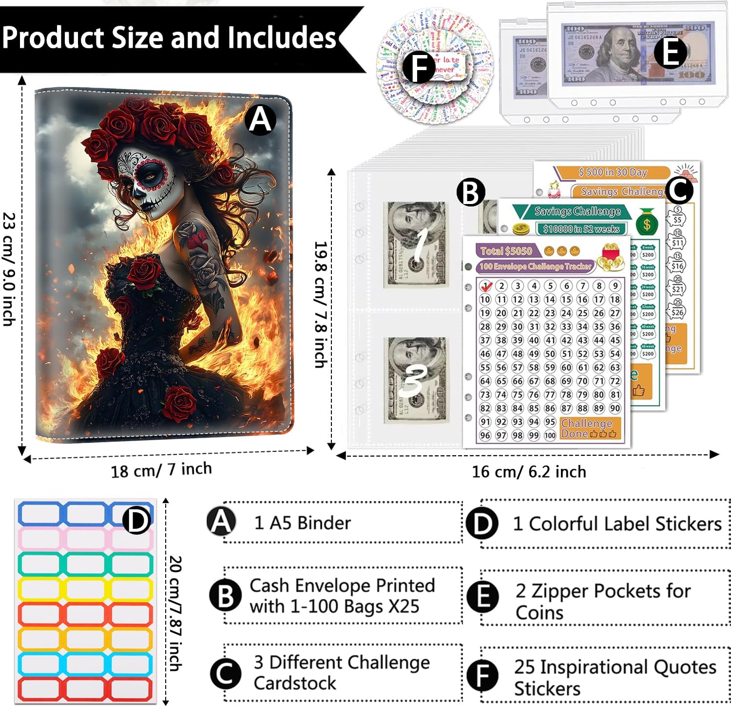 100 Envelope Money Saving Challenge Binder, PU Leathers A5 Money Saving Budget Binder with Cash Envelopes & 3 Reusable Budgeting Planner Trackers, Beautiful Sugar Skull Girl Pattern Fun Planner Book