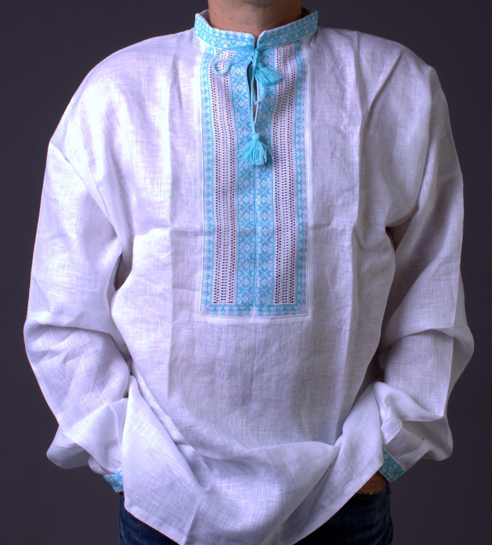 Hand Mens White Vyshyvanka Linen Shirt Turquoise Embroidered XL Ukrainian Shirt