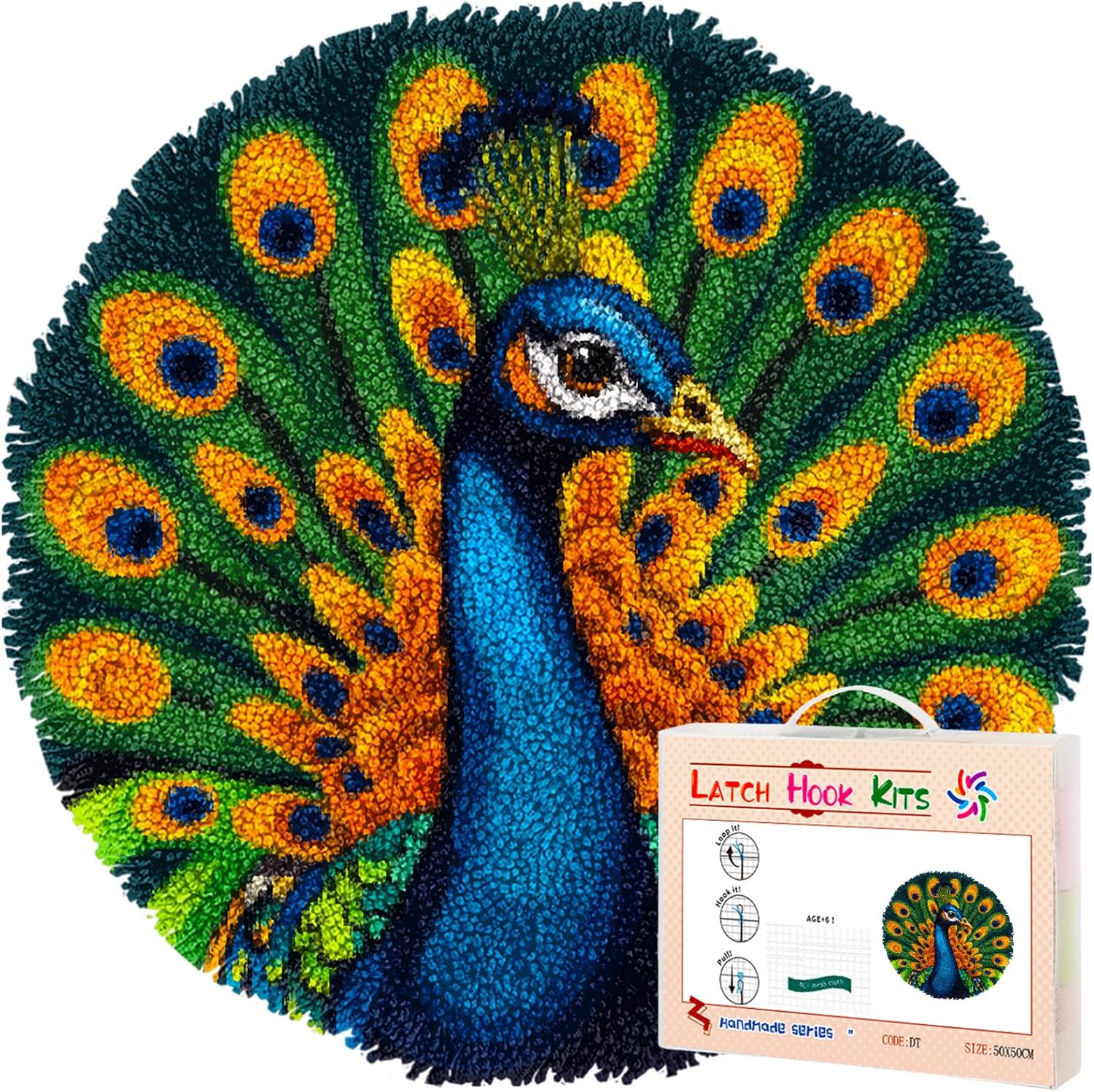 Latch Hook Rug Kit Peacock Stamped Handmade Round Shape Carpet Crochet Yarn Craft DIY Hook and Latch Door Mat Tapestry for Christmas Home Floor Decor 50x50cm(4)