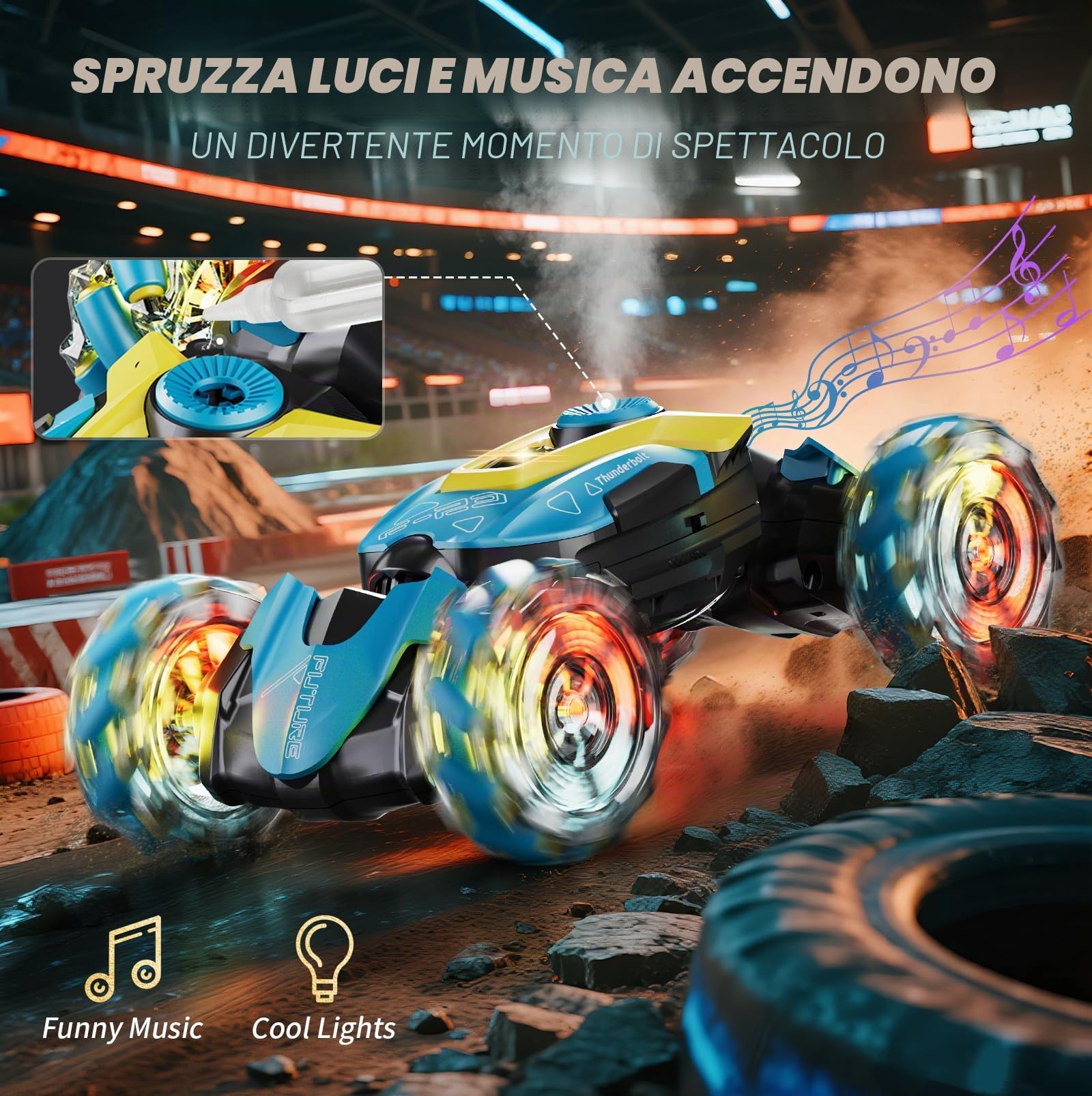 4DRC RC Macchina Acrobatica per Ragazzi 6-12, 2.4GHz 4WD con Sensore Gesti, Funzione Torsione, Luci, Spray, Musica, Rot. 360°, 2 Batt. Ricaricabili — Off-Road, Regalo Ragazzi & Ragazze