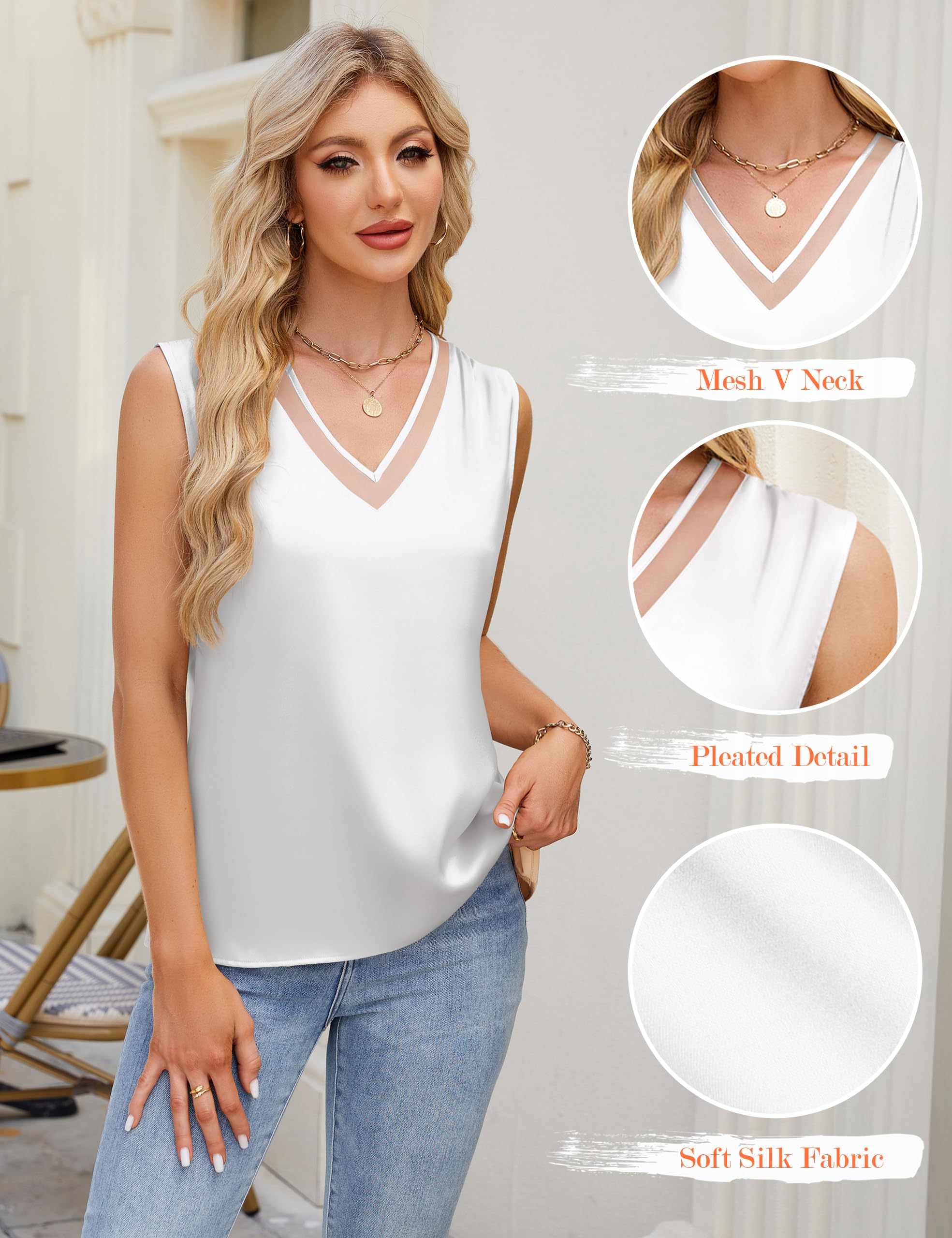Blooming Jelly Womens Silk Business Dressy Casual Tank Tops Mesh V Neck Sleeveless Summer Blouse Work Pleated Outfits