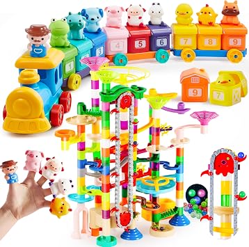 JOYIN 236Pcs Glowing Marble Run with Motorized Elevator - Matching & Sorting Montessori Learning Farm Train Including 9 Farm Animals and 1 Farmer, Learning Toy for Toddlers 1 2 3 Years Old