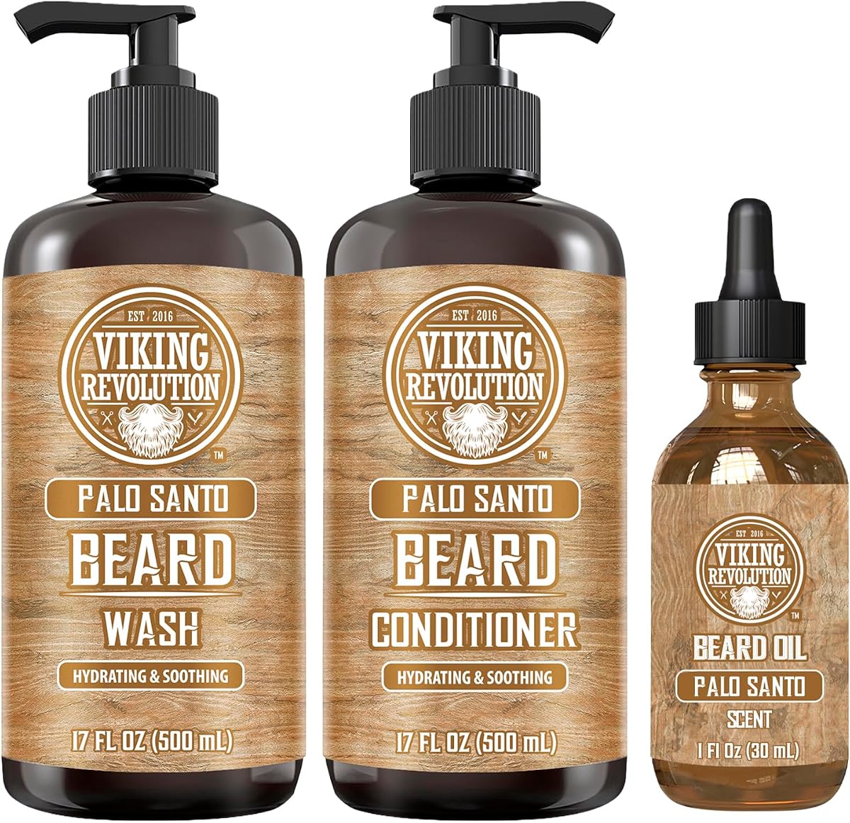 Viking Revolution Palo Santo Kit de acondicionador para barba y lavado de barba para hombres (17 onzas líquidas cada uno) y aceite para barba Palo Santo (1 onzas líquidas) - Suavizante, fortalecedor e hidratante para barba con aceites de argán y jojoba