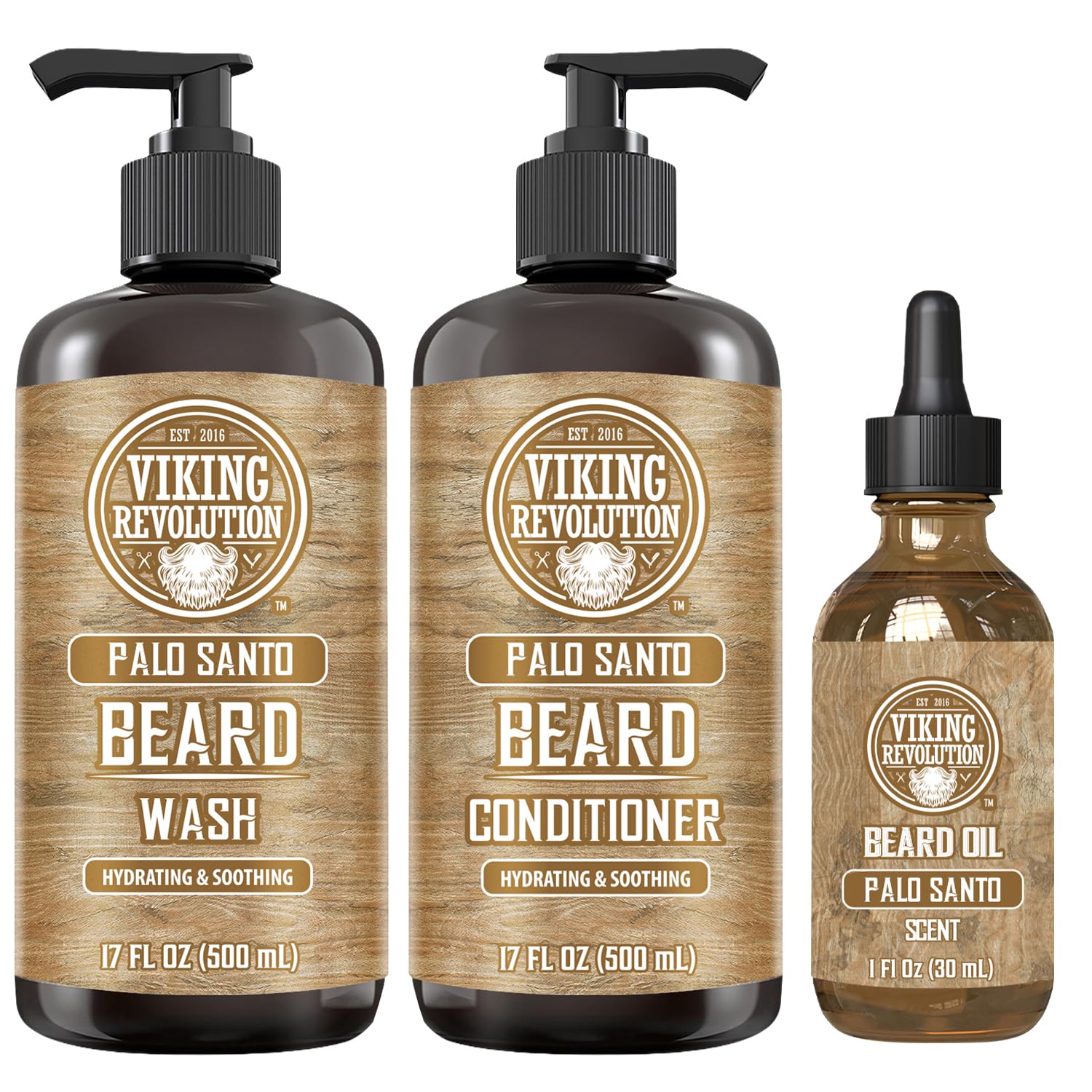Viking Revolution Palo Santo Beard Wash and Beard Conditioner Kit for Men (17 Fl Oz each) and Palo Santo Beard Oil (1 Fl Oz) - Beard Softener, Strengthener and Moisturizer with Argan & Jojoba Oils