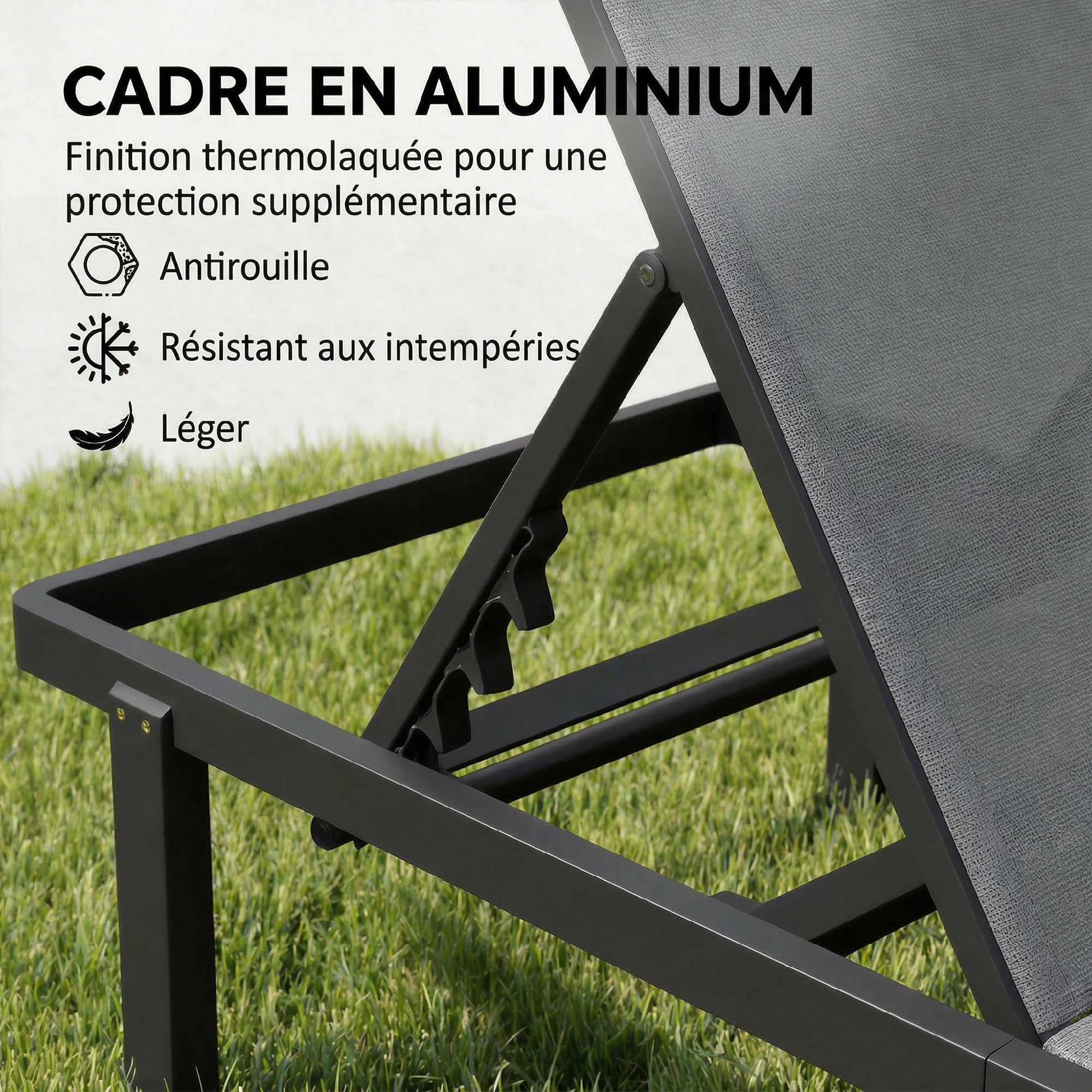 Outsunny Bain de Soleil roulettes Transat de Jardin Extérieur Gris Foncé