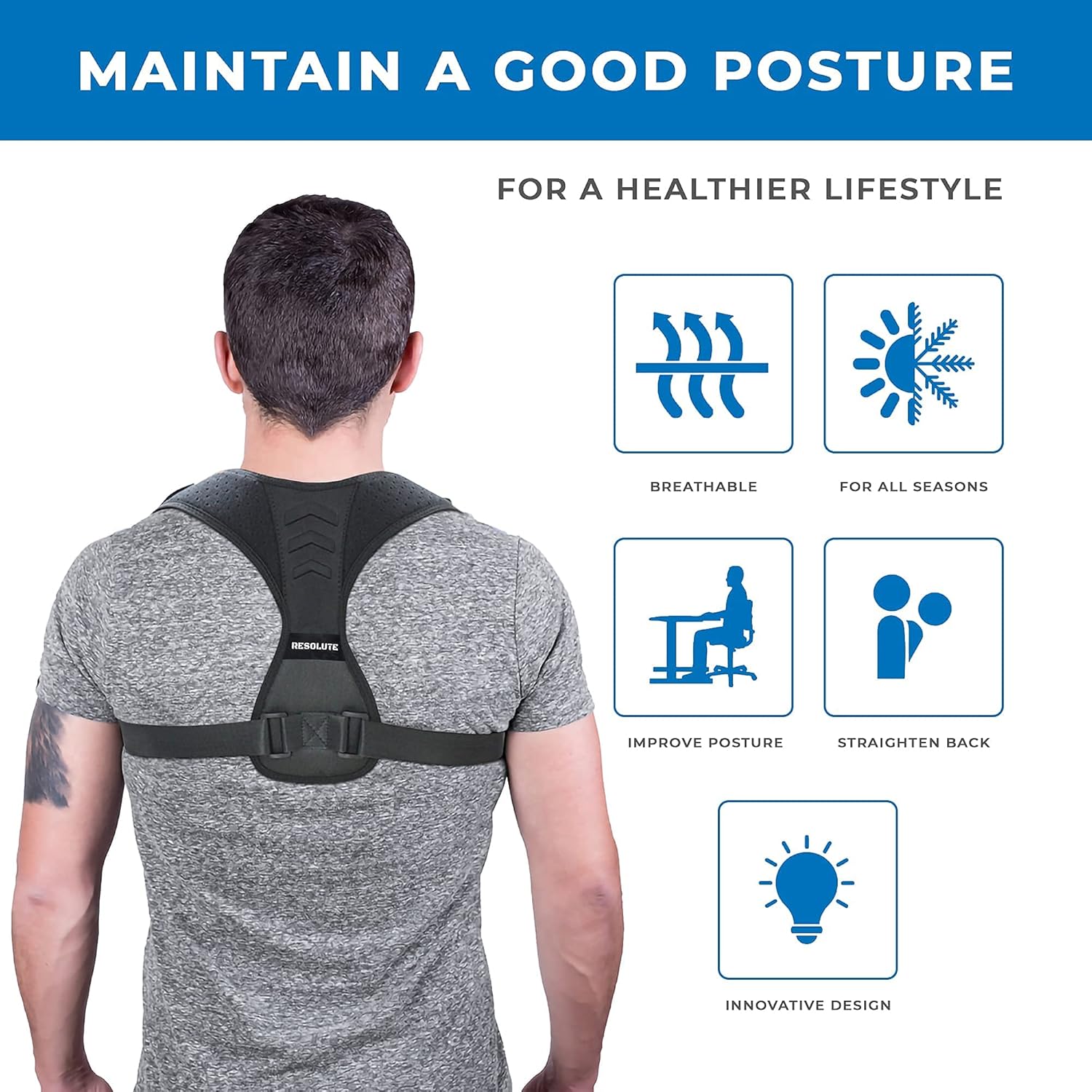 RESOLUTE Posture Corrector for Women and Men. Shoulder Brace Clavicle Support Back Pain Relief. Adjustable Back Support Straps. Longer Straps available to fit Big and Tall., Black, Large : Sports & Outdoors