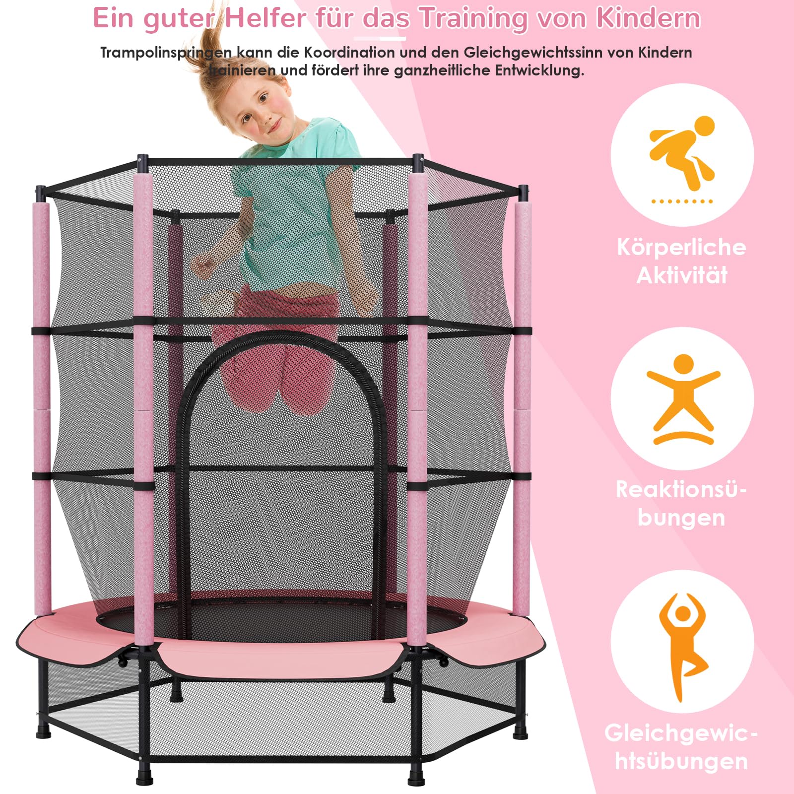 LIFERUN Trampolino per bambini, per esterni, Ø 140 cm, per interni e bambini, con rete di sicurezza, trampolino da giardino per allenamento e intrattenimento, fino a 50 kg