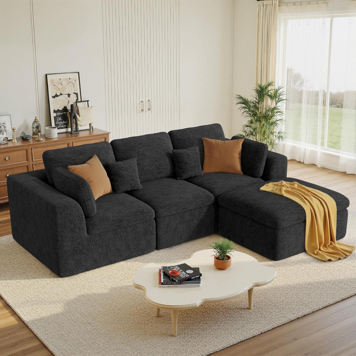 115" Boneless Cloud Couch for Living Room, 30" Deep Seat Modular Sectional Sofa with Ottoman, 4-Seater Oversized Chenille Fabric Living Room Set, High Back Compressed Sofa, L-Shaped