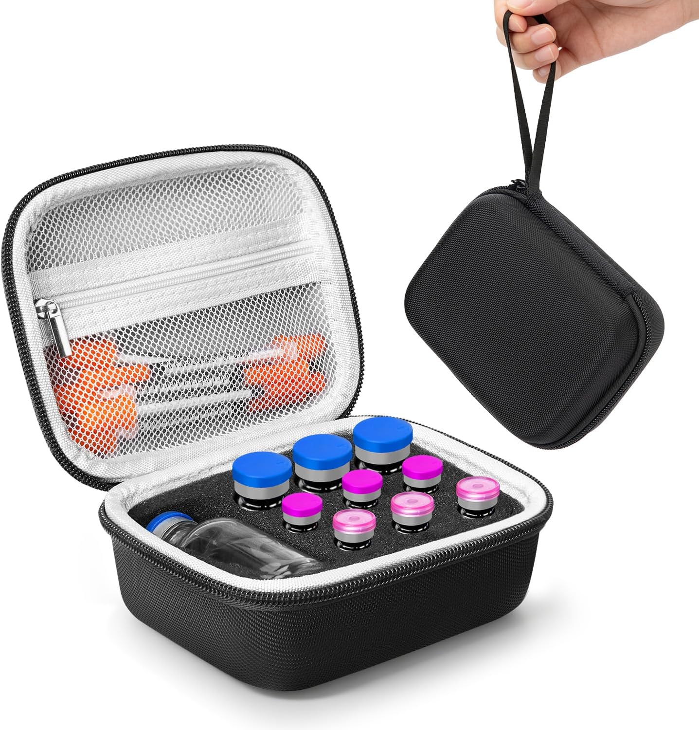 Peptide Storage Case & Insulin Vial Case for Fridge,10 Slots Holder Fits 1ml, 3ml, 5ml, 10ml, 30ml BAC Water Vials, Portable Diabetic Supplies Organizer, Black