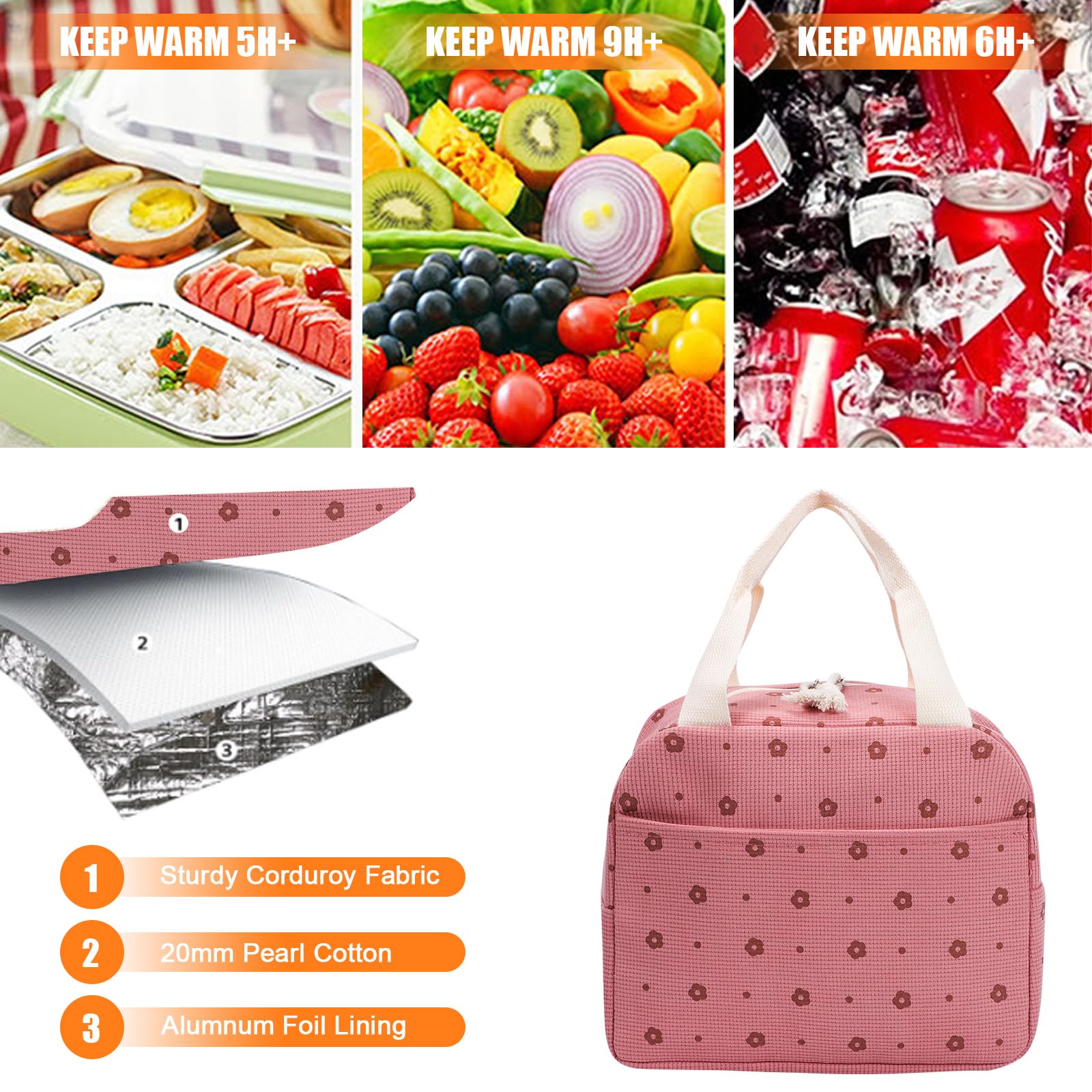 Risipu Insulated Lunch Bag for Women Kids Reusable Leakproof Children's Cooler Bag Lunch Box Bags for Girls Work School BBQ Picnic (Pink-Flower) - Image 4