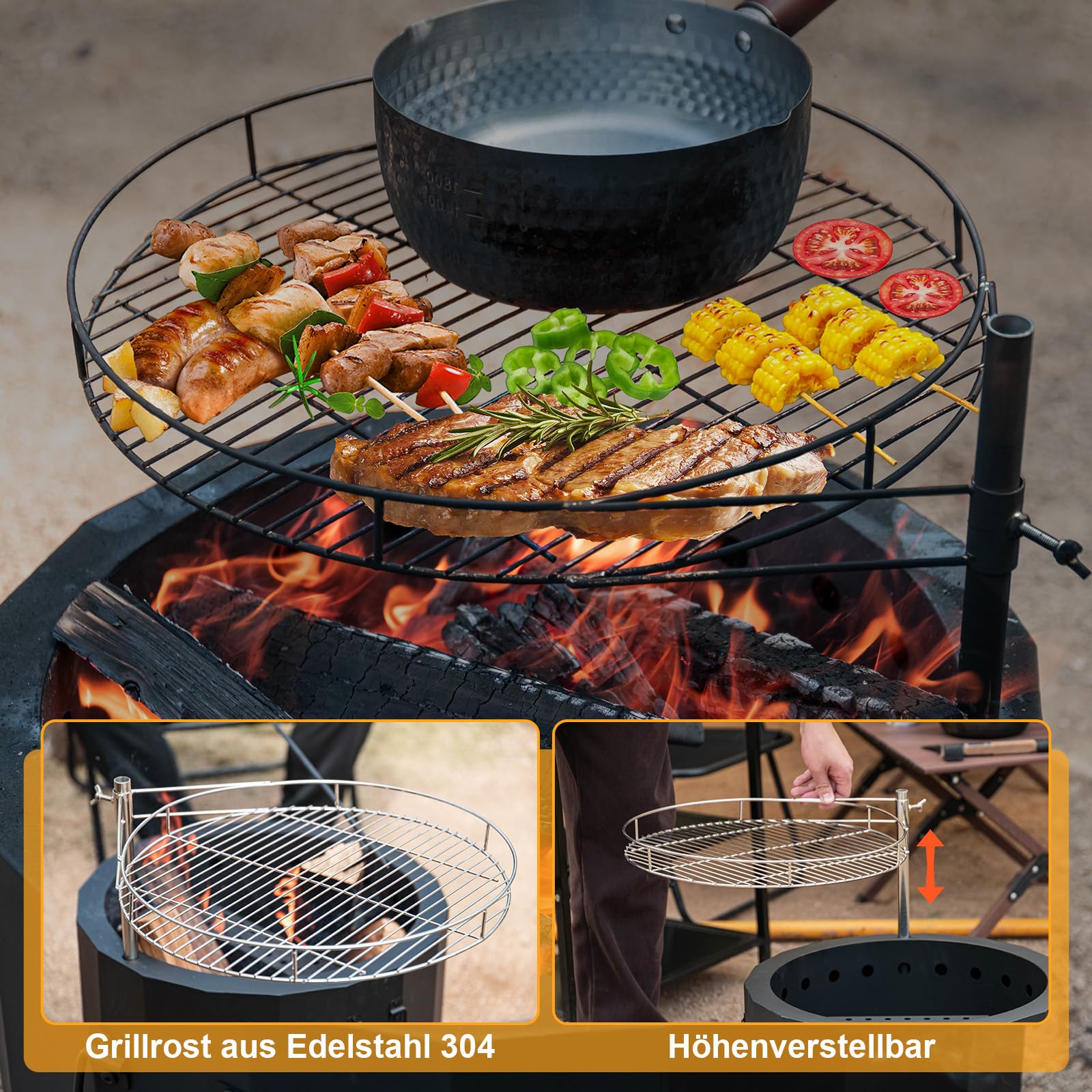 CHANGEMOORE Rauchfreie Feuerschale 50 cm, dreifache Verbrennung, Grill | Für den Außenbereich, mit abnehmbarem Aschebehälter, Feuerstellenabdeckung und Schürhakenset