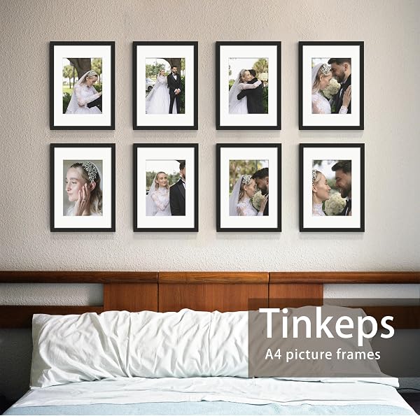 Tinkeps 4 Pack A4 Black Picture Frame, Engineered Wood and Plexiglass, A4 Frame with Mount for A5 Prints, Photos, and Posters, Tabletop and Wall Mountable - 5