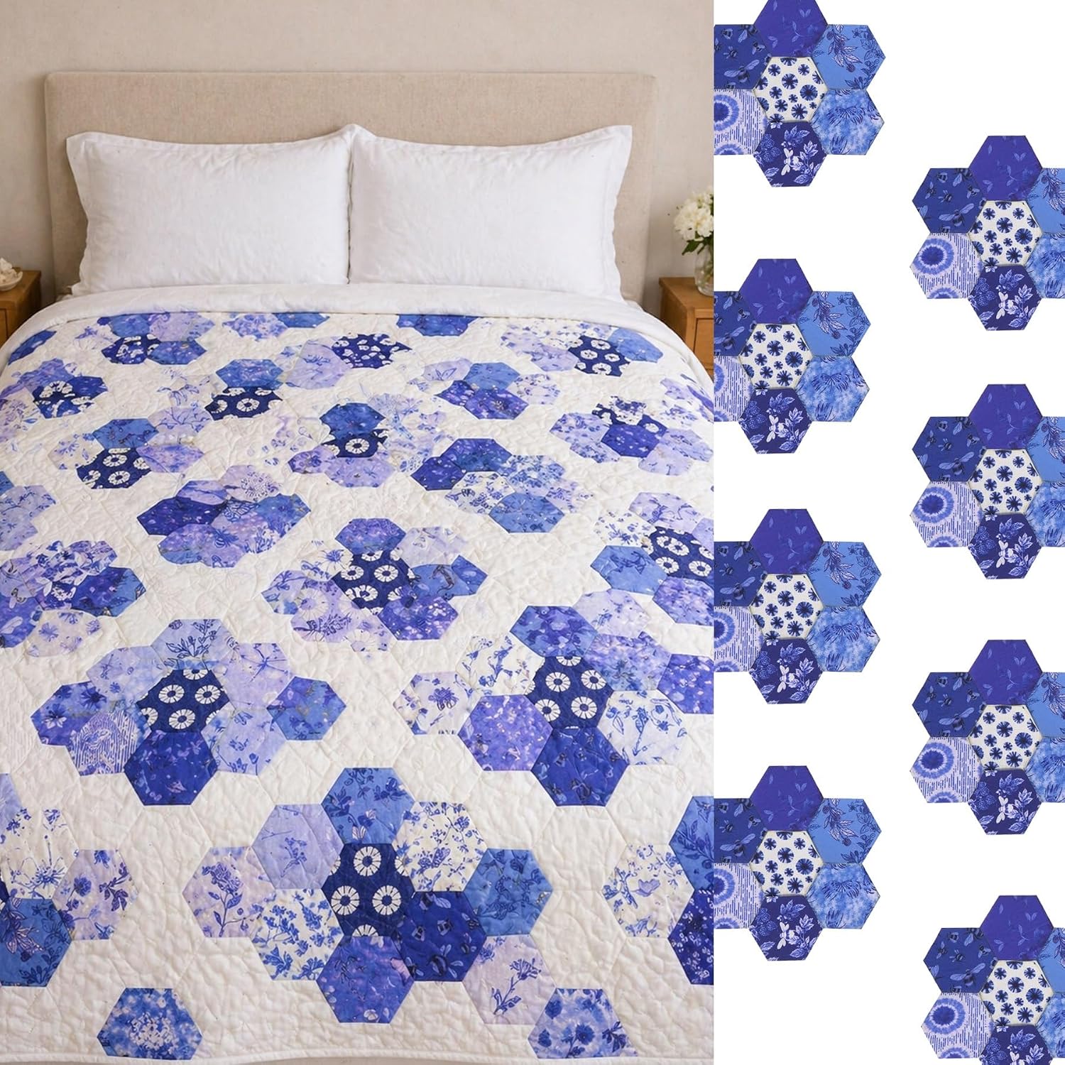 Soimoi Hexagon Precut Quilt Kit – 120 Cotton Fabric Hexagons + 120 EPP Papers – 1.75" Quilting Cotton Shapes for English Paper Piecing, Patchwork & Honeycomb Quilts