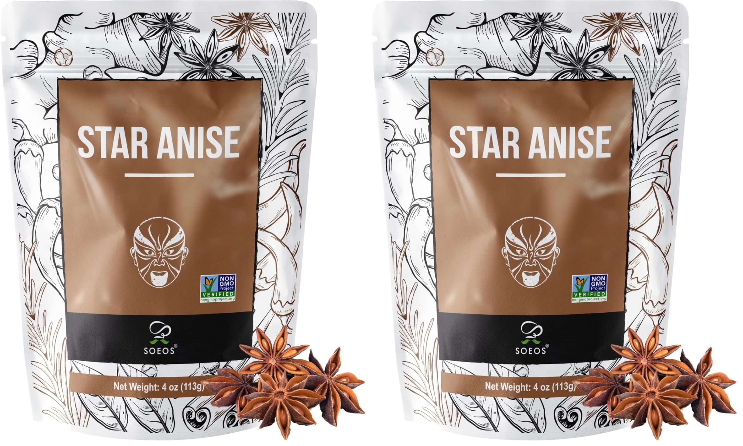 Soeos Star Anise Seeds (Anis Estrella), Whole Chinese Star Anise Pods, Dried Anise Star Spice, 4 oz. (Pack of 2)