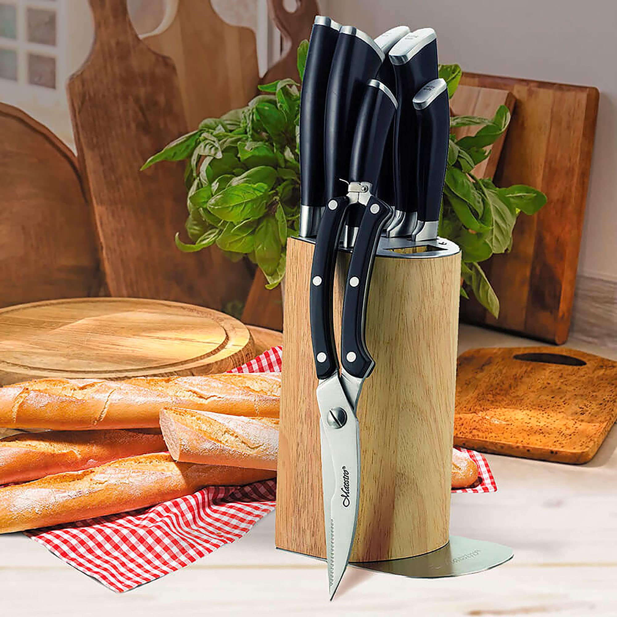 Maestro MR-1422 Blocchi Coltelli Cucina Professionale, 8 pz.,Stecca in Legno Design Moderno, 6 Lame in Acciaio Inossidabile, Maniglie Ergonomiche, Forbici