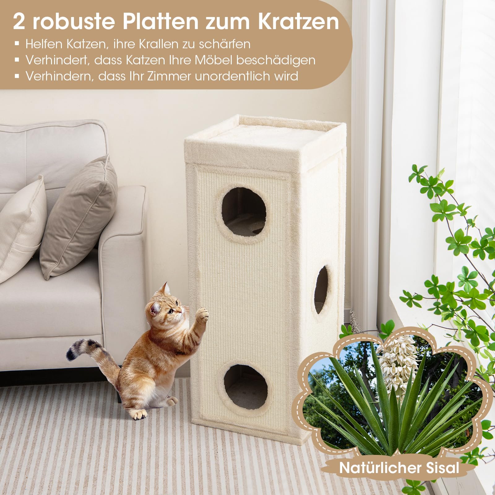 COSTWAY 4-stöckige Kratztonne Katzentonne, Kratzbaum mit Kratzbrett, 3 Höhlen & Kissen, Spieltonne für Katzen bis 25 kg, Katzenkratzbaum Katzenhaus Katzenmöbel, 40 x 40 x 99 cm (Beige)